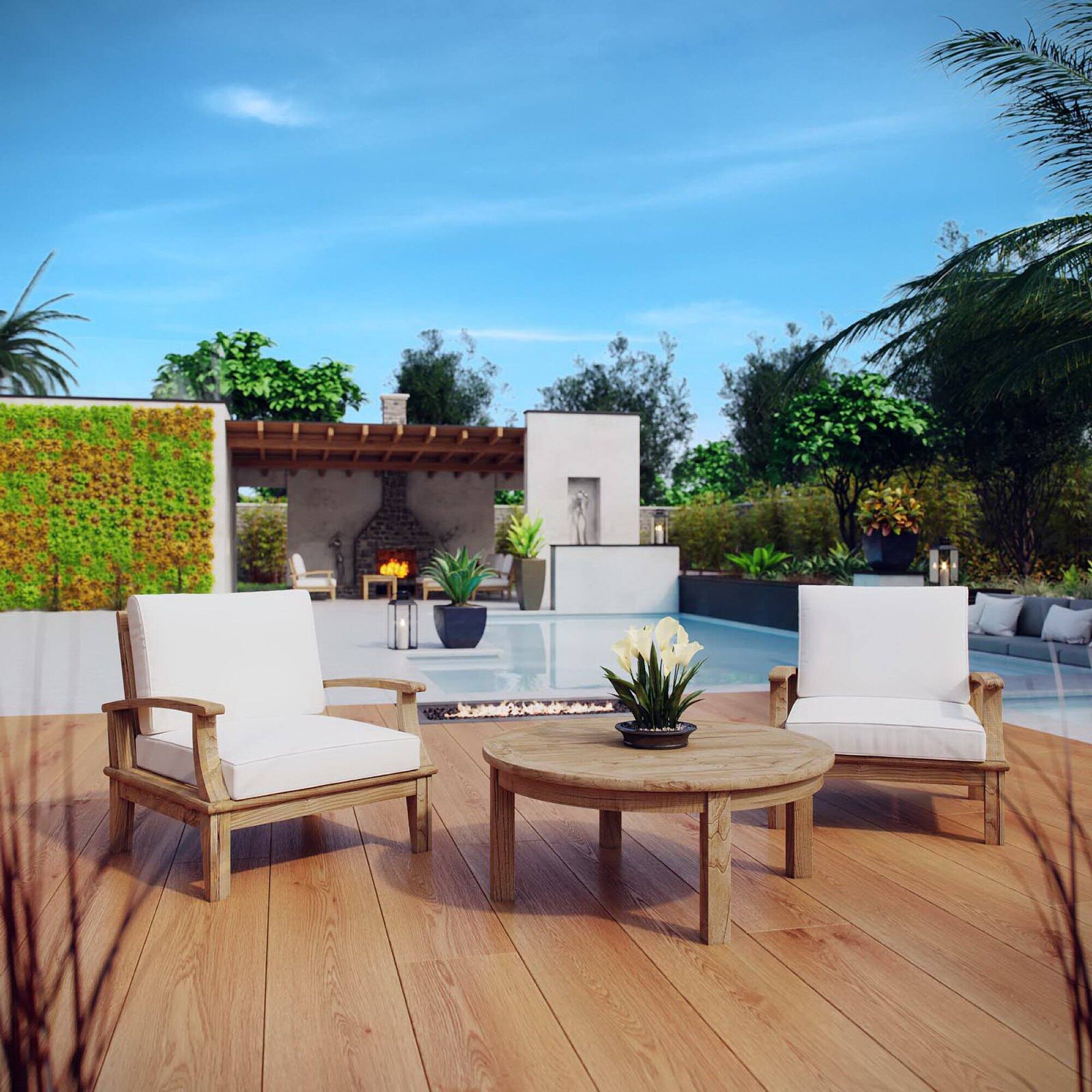 Alt View 2. Modway - Marina 3-Piece Outdoor Teak Patio Set - Natural White.