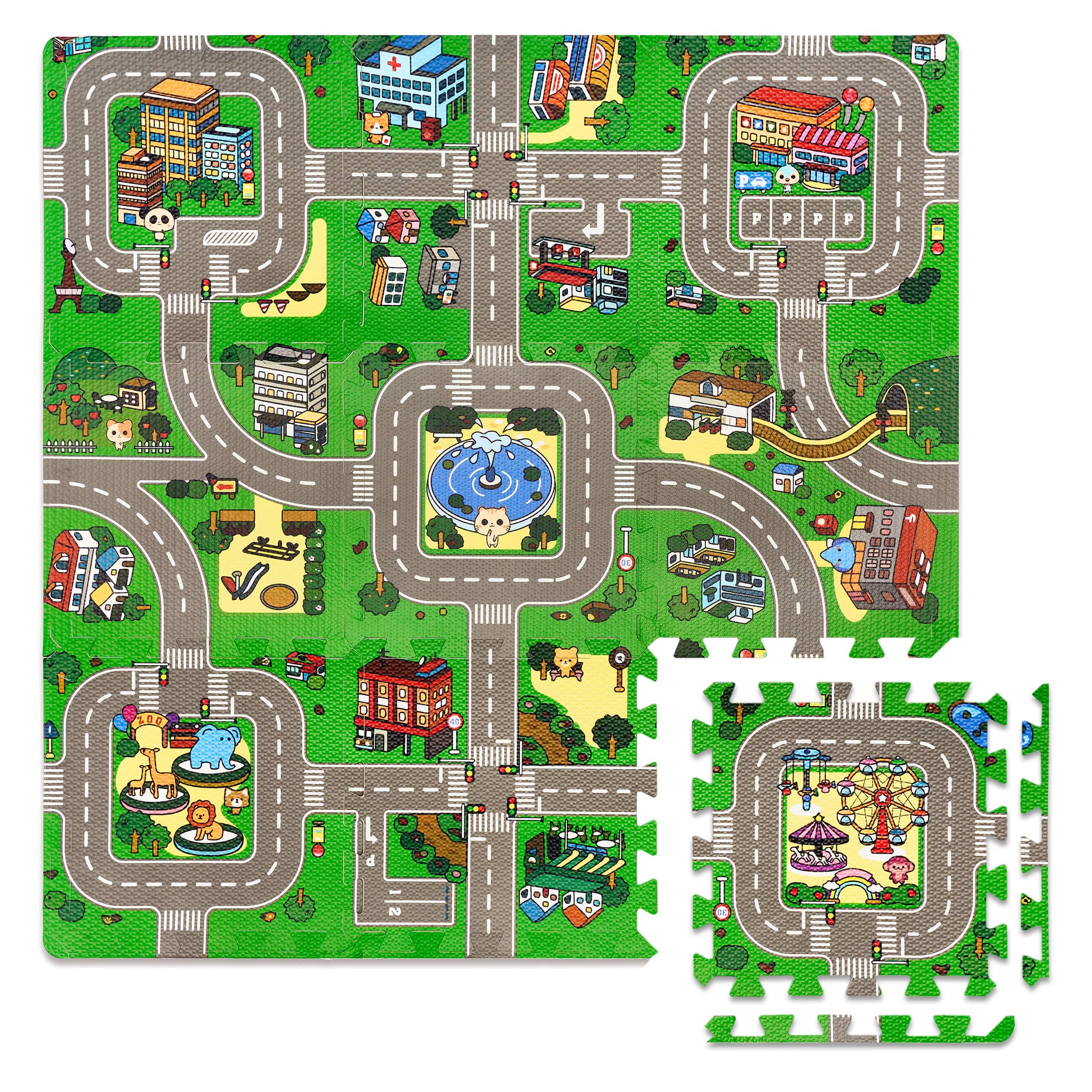 Sorbus - Traffic Play mat Puzzle Foam Interlocking Tiles – Kids Road Traffic Play Rug - Children Educational Playmat Rug - Green