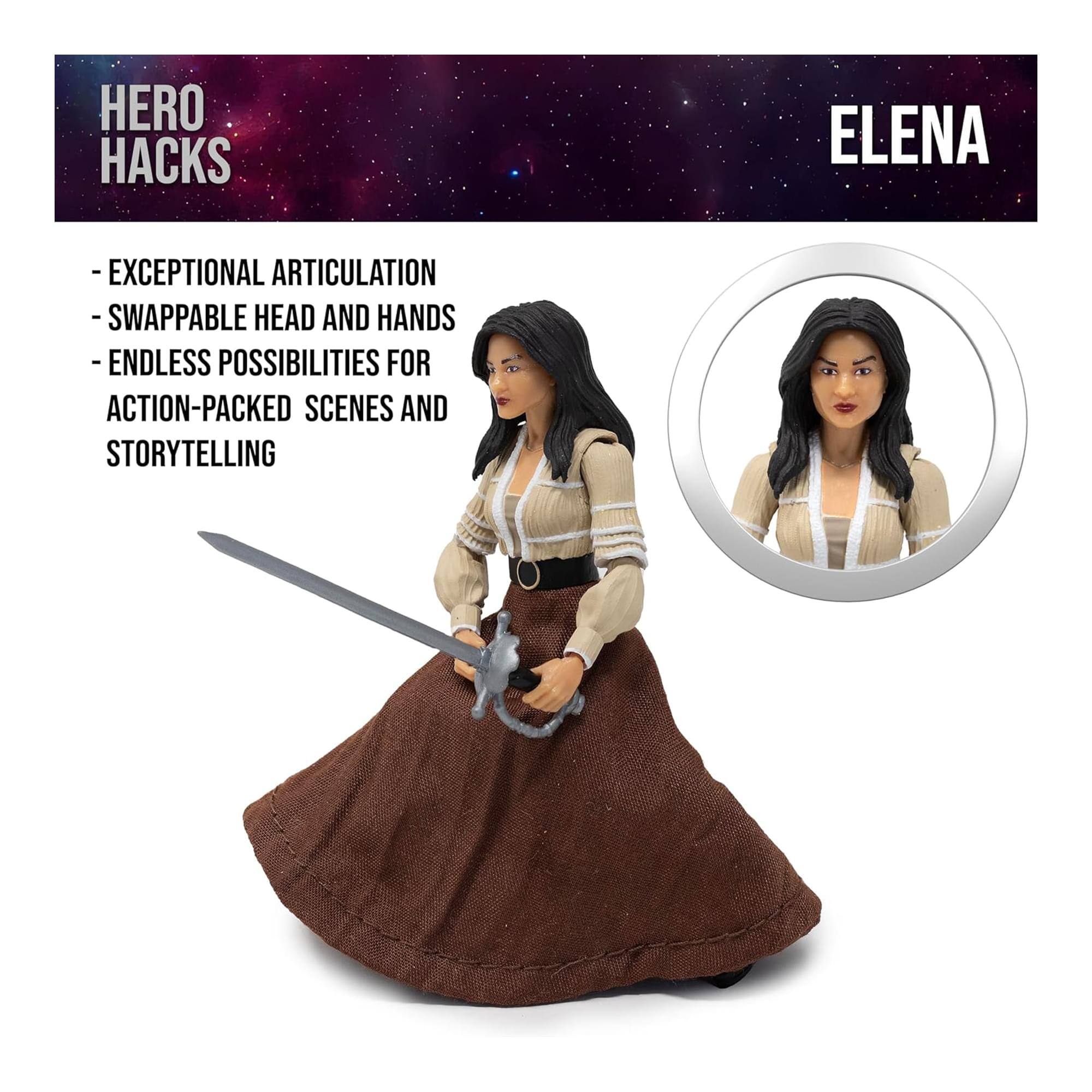 HERO HACKS  
ELENA  
- EXCEPTIONAL ARTICULATION  
- SWAPPABLE HEAD AND HANDS  
- ENDLESS POSSIBILITIES FOR ACTION-PACKED SCENES AND STORYTELLING