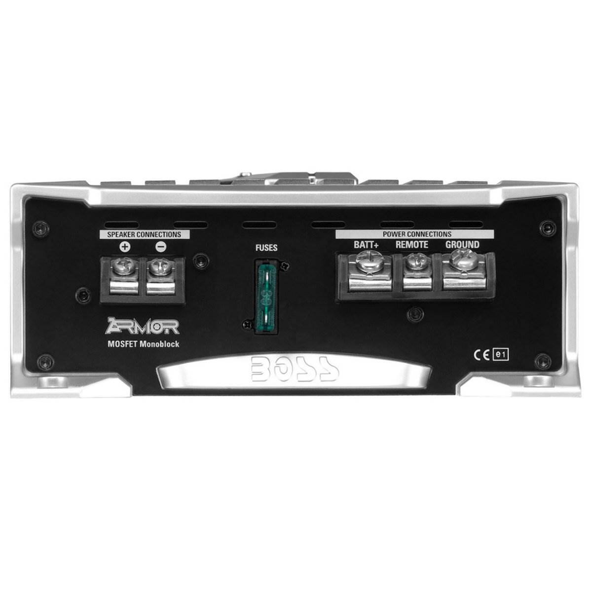 SPEAKER CONNECTIONS  
FUSES  
POWER CONNECTIONS  
BATT+ REMOTE GROUND  

ARMOR  
MOSFET Monoblock  

BOSS  
CE 01