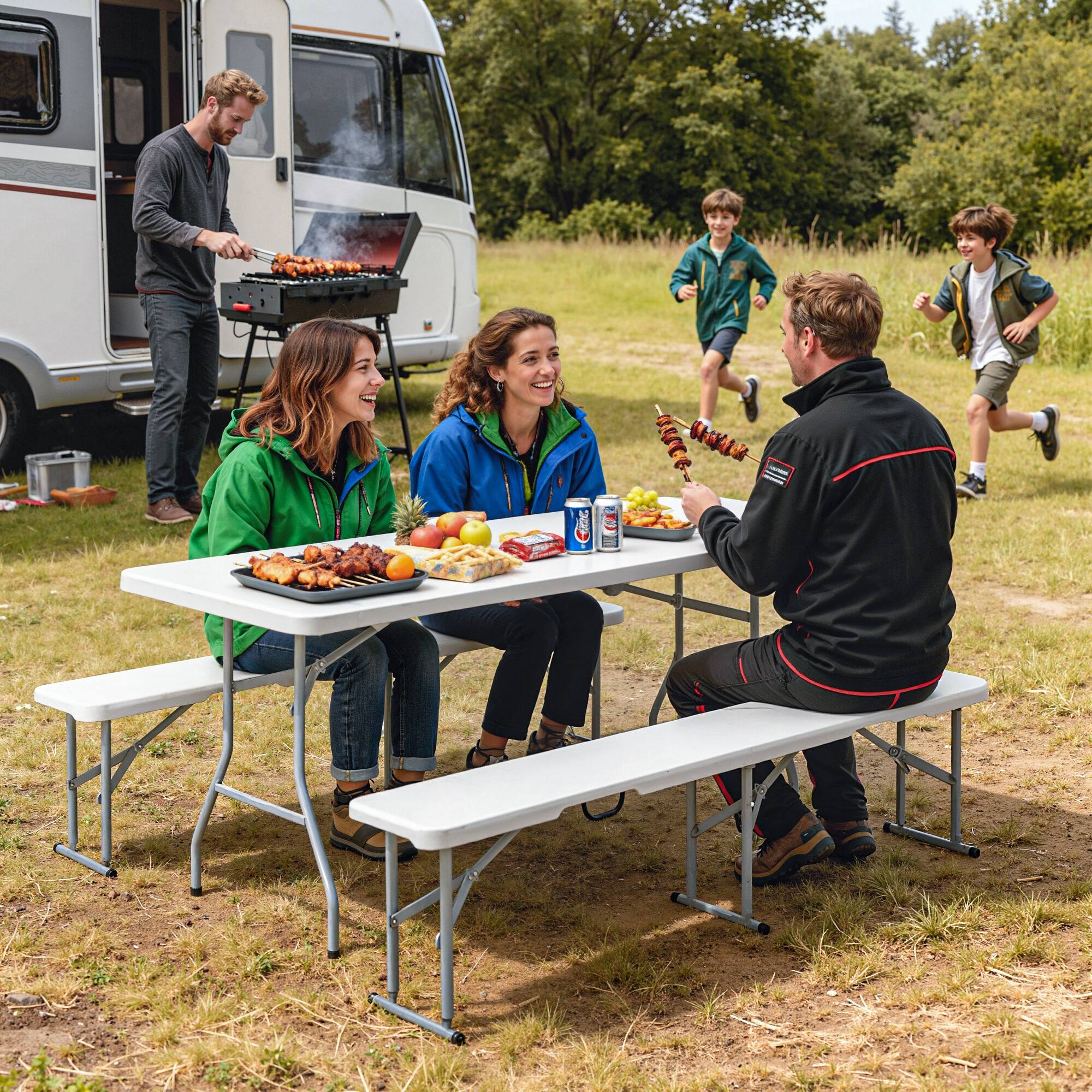 Alt View 1. Outsunny - 3 PCS Portable Camping Table and Chairs, Folding Picnic Table Bench Set with Carrying Handles for BBQ - White.