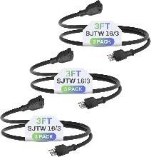 BN-LINK - 3 ft Outdoor Extension Cord 16/3 SJTW, 3-Prong Grounded, 13A, 3-Pack, for Lawn, Garden, Appliances - Black