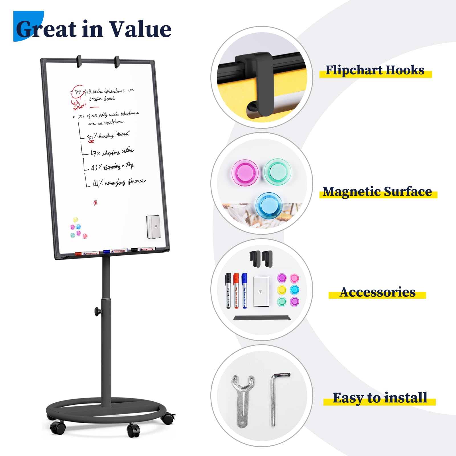 Great in Value

- Flipchart Hooks
- Magnetic Surface
- Accessories
- Easy to install