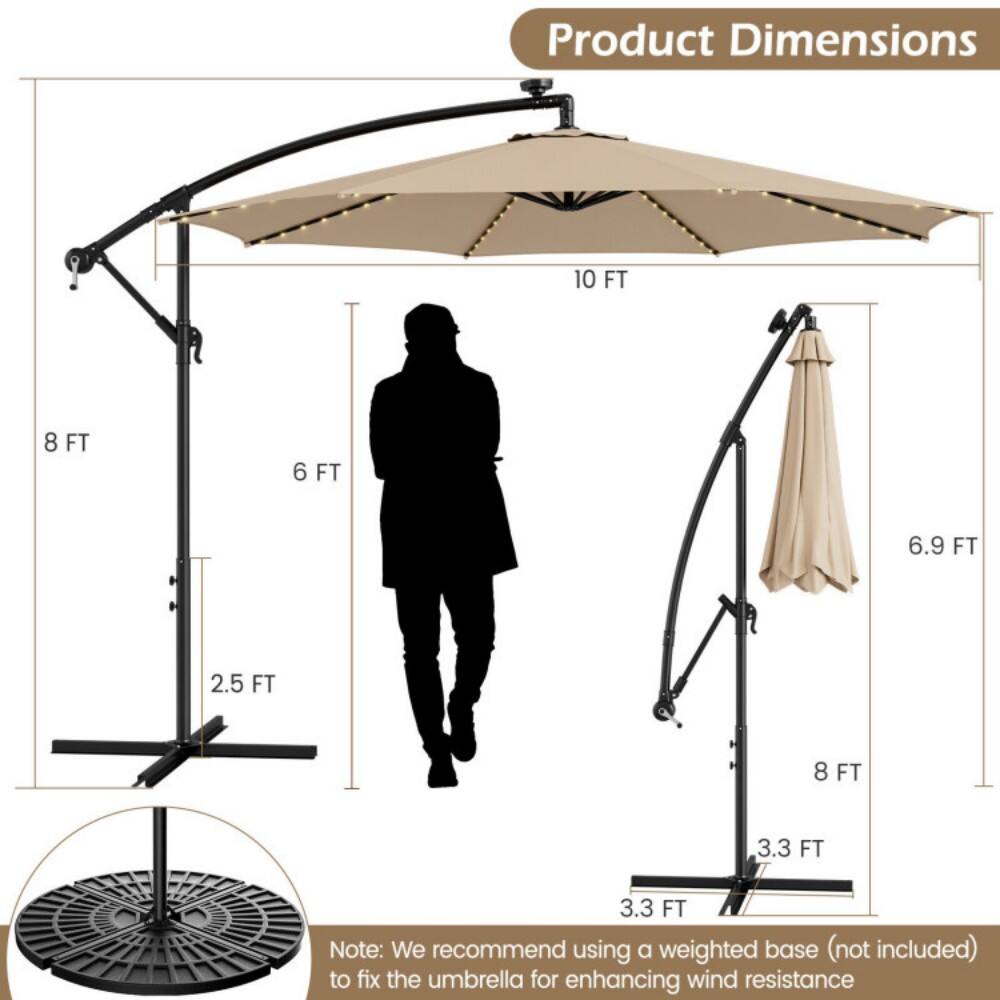 Product Dimensions: 10 FT, 8 FT, 6 FT, 6.9 FT, 2.5 FT, 8 FT, 3.3 FT, 3.3 FT

Note: We recommend using a weighted base (not included) to fix the umbrella for enhancing wind resistance.