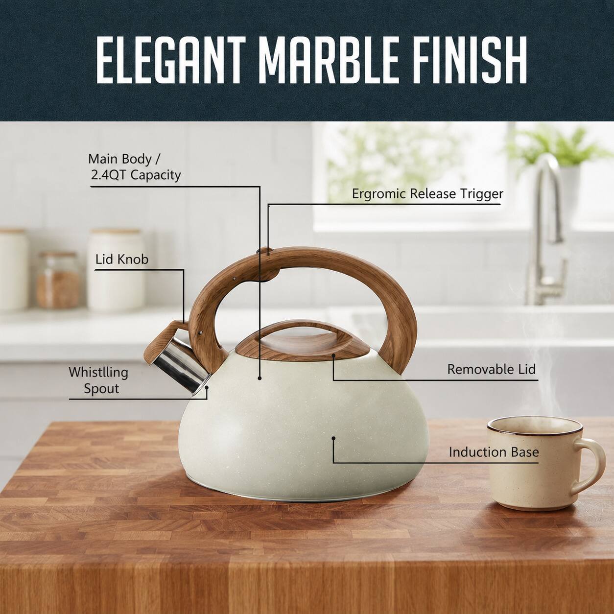 ELEGANT MARBLE FINISH

- Main Body / 2.4QT Capacity
- Ergonomic Release Trigger
- Lid Knob
- Whistling Spout
- Removable Lid
- Induction Base