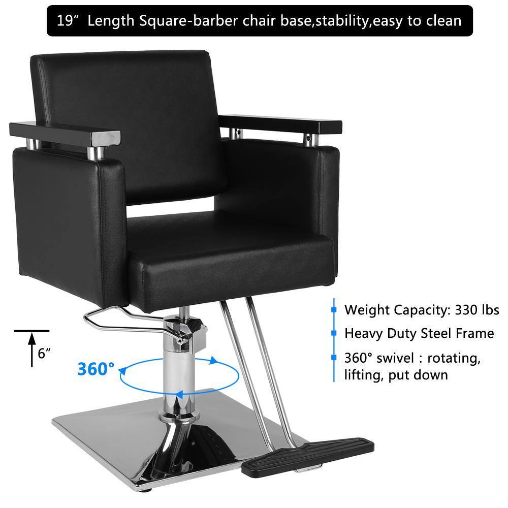 19" Length Square-barber chair base, stability, easy to clean

Weight Capacity: 330 lbs
Heavy Duty Steel Frame
360° swivel: rotating, lifting, put down

6"