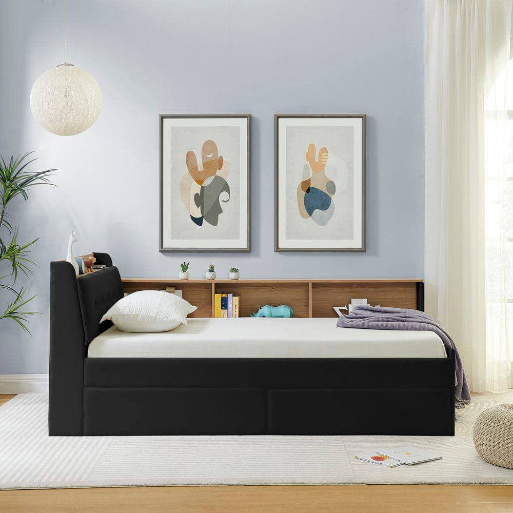 Alt View 9. Kadyn - Twin Size Upholstered Velvet Daybed with Storage Headboard, Wireless Charging, 2 Drawers & LED Lights - Black.