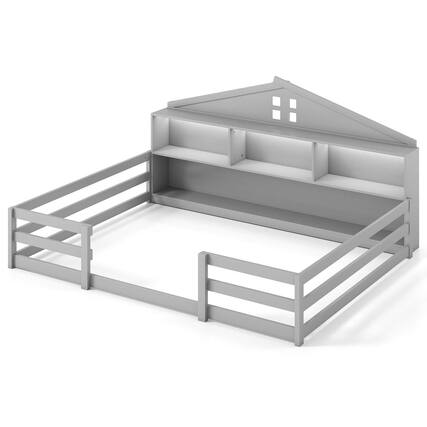 Front. Costway - Costway Full Size Montessori Floor Bed with LED Lights Safety Guardrails Compartments Shelf - Gray.