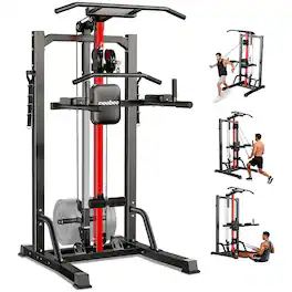 Pooboo - Pull Up Bar Power Tower with Cable Machine, 450LB Home Gym Station for Pull Ups, Lat Pulldowns&Rows - Black
