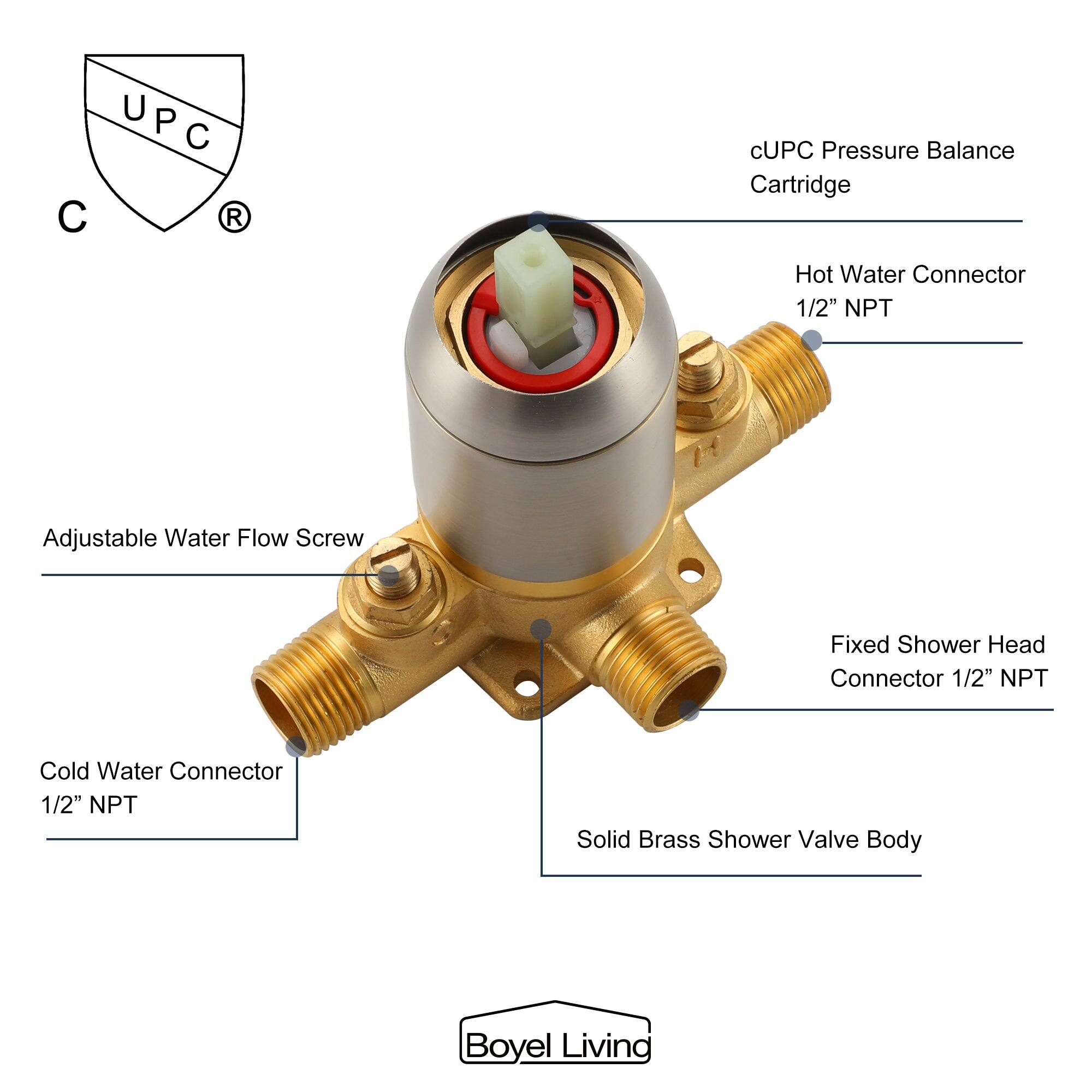 UPC U P C C  R cUPC Pressure Balance Cartridge Hot Water Connector 1/2" NPT Adjustable Water Flow Screw Fixed Shower Head Connector 1/2" NPT Cold Water Connector 1/2" NPT Solid Brass Shower Valve Body Boyel Livino