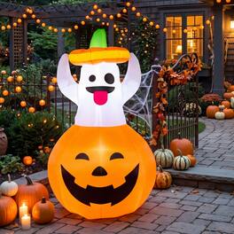 Joyfy - 5FT Inflatable Ghost in Pumpkin Halloween Decoration – Built-in LEDs for Yard, Garden, Lawn & Outdoor Party Displays - Multicolor