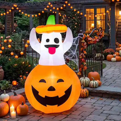Front. Joyfy - 5FT Inflatable Ghost in Pumpkin Halloween Decoration – Built-in LEDs for Yard, Garden, Lawn & Outdoor Party Displays - Multicolor.