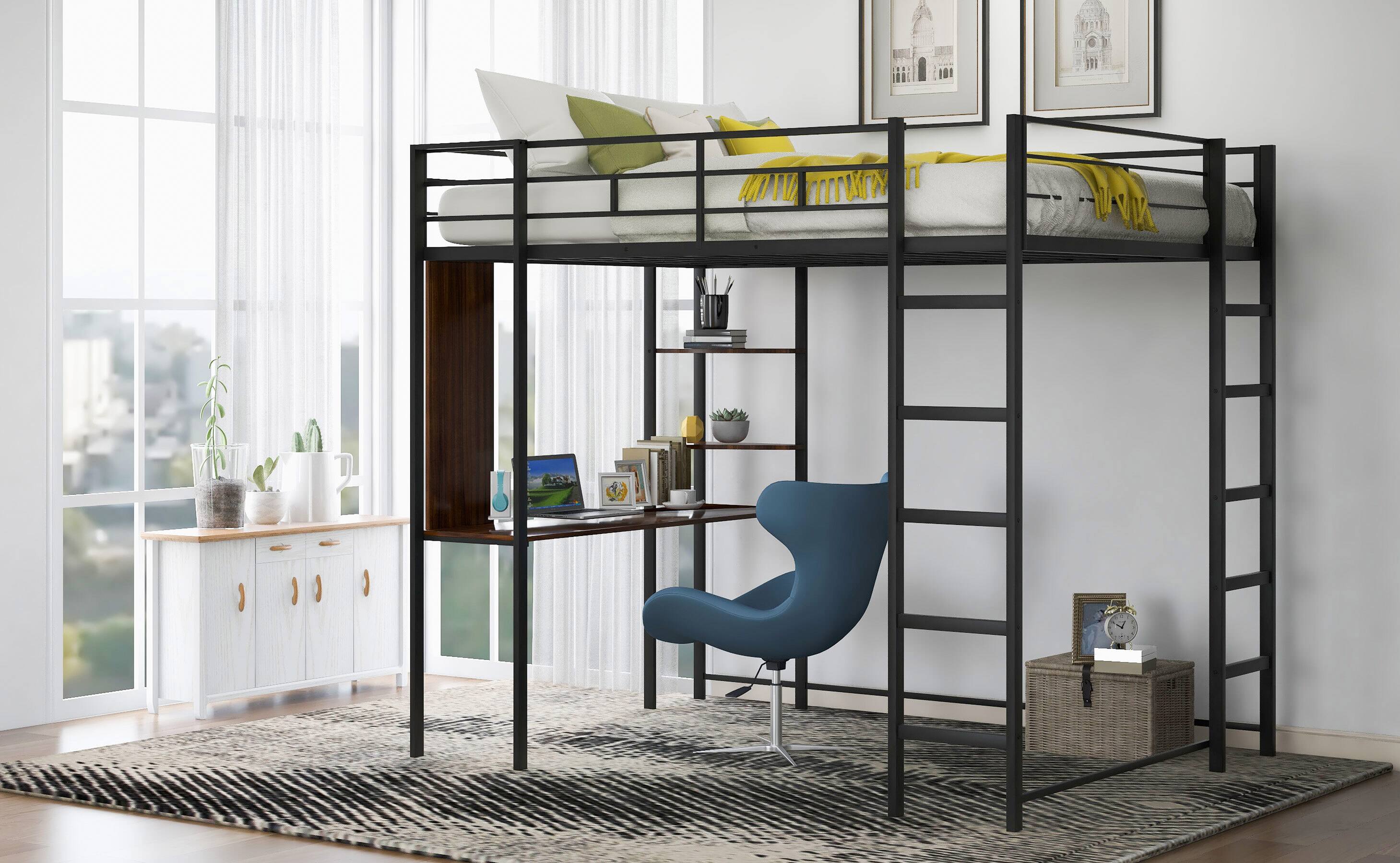 Alt View 7. Spaco - Spaco Full Size Loft Bed, Metal Frame with Desk and 2 Shelves, Sturdy Construction, Under Bed Storage Area, Guardrail - Black.