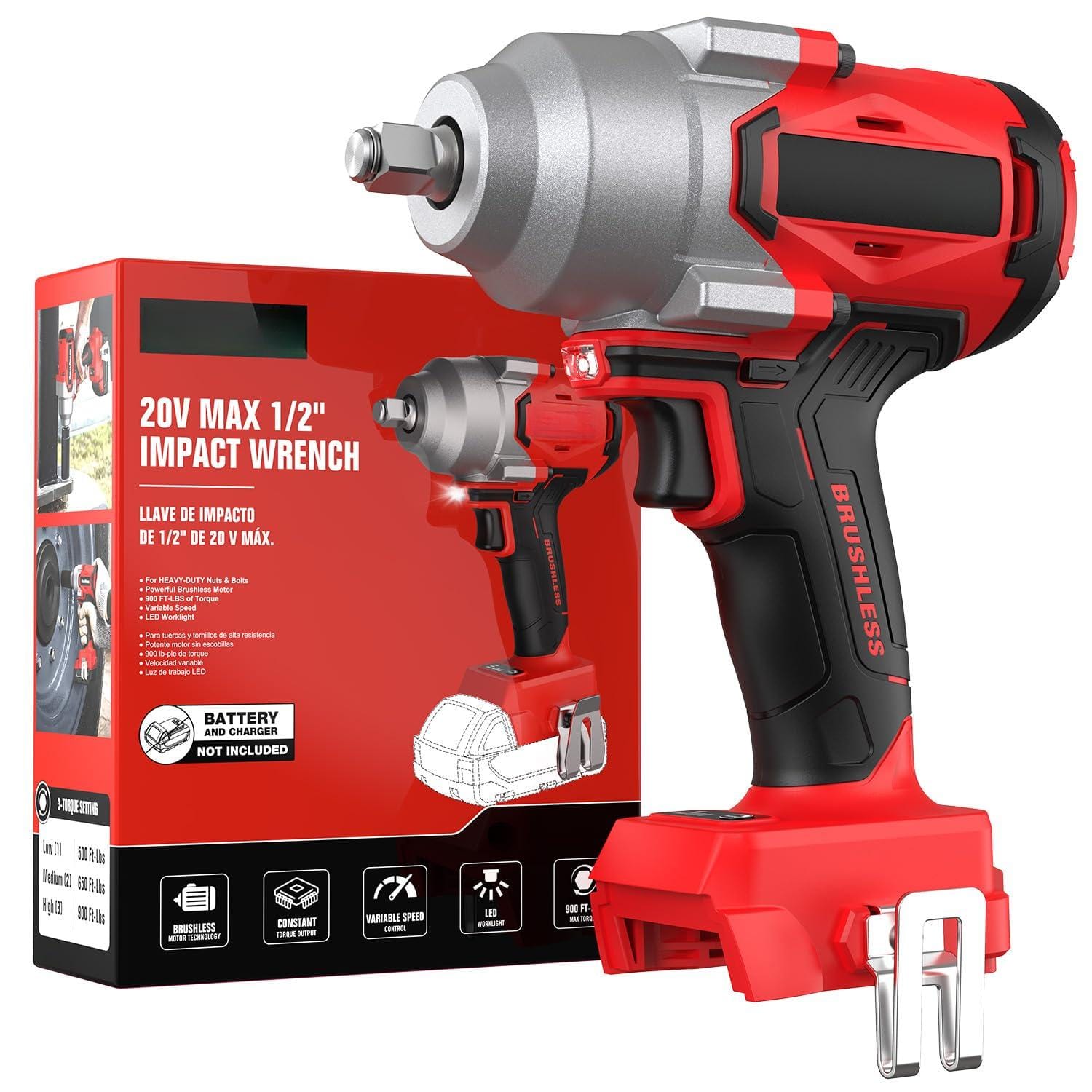 20V MAX 1/2" IMPACT WRENCH  
LLAVE DE IMPACTO DE 1/2" DE 20 V MAX.  

BATTERY AND CHARGER NOT INCLUDED  

BRUSHLESS  
CONSTANT TORQUE  
VARIABLE SPEED CONTROL  
LED WORKLIGHT  

- For Heavy-Duty  
- Powerful Brushless Motor  
- Variable Speed  
- LED Worklight  
- 3-Mode Setting  
- 500 lb-ft of torque  
- 800 ft-lb of torque  

- Para alta resistencia  
- Motor sin escobillas potente  
- Velocidad variable  
- Luz de trabajo LED  
- 3 modos de ajuste  
- 500 lb-pie de par  
- 800 lb-pie de par  

BRUSHLESS  
CONSTANT TORQUE  
VARIABLE SPEED CONTROL  
LED WORKLIGHT