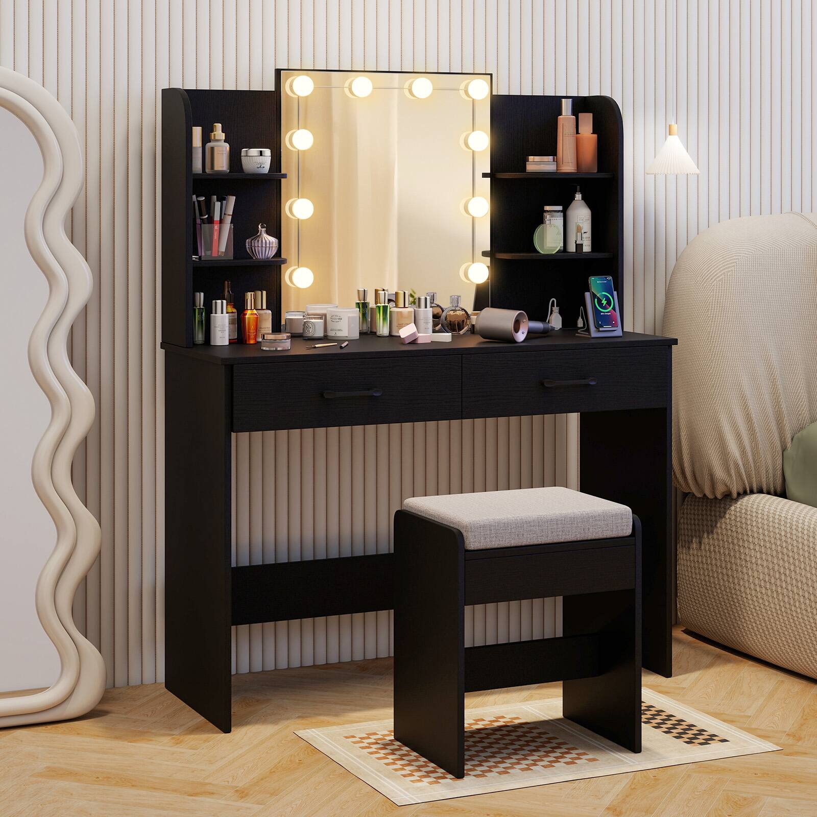 Alt View 2. SlickBlue - Vanity Set with Lighted Mirror, Comfortable Stool, and Power Outlet - Black.