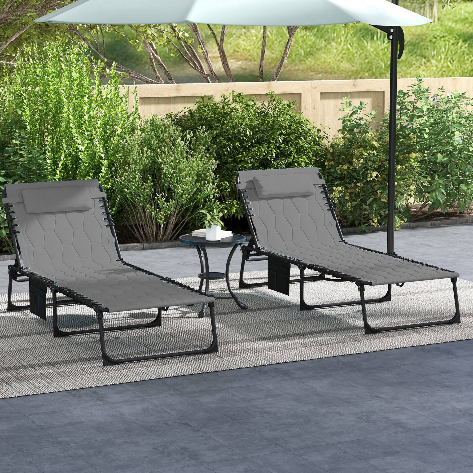 Alt View 1. Outsunny - Folding Chaise Lounge Set of 2 with 5-level Reclining Back, Outdoor Lounge Tanning Chair with Padded Seat - Gray.
