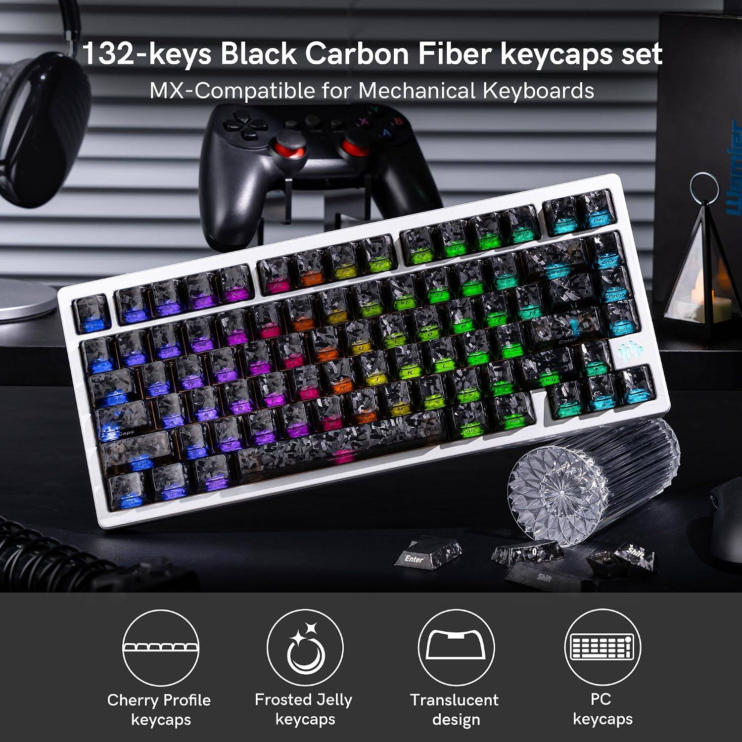 132-keys Black Carbon Fiber keycaps set MX-Compatible for Mechanical Keyboards

- Cherry Profile keycaps
- Frosted Jelly keycaps
- Translucent design
- PC keycaps