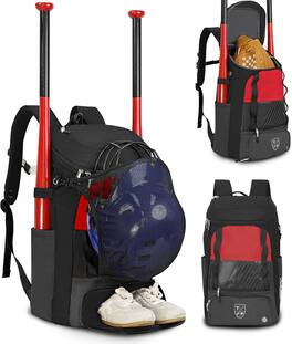 Wikistore - Baseball Backpack with Bat Shoe Glove Compartment Helmet Holders Fence Hook Water-Resistant - Red