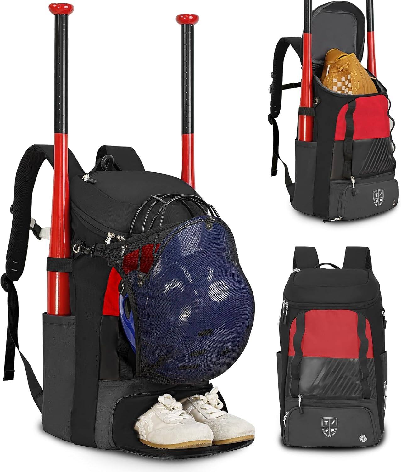 Front. Wikistore - WIKISTORE Baseball Backpack with Bat Shoe Glove Compartment Helmet Holders Fence Hook Water-Resistant Red - Red.