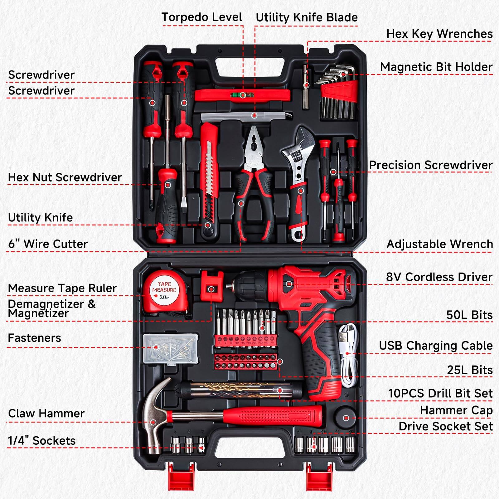 - Torpedo Level
- Utility Knife Blade
- Hex Key Wrenches
- Screwdriver
- Screwdriver
- Hex Nut Screwdriver
- Utility Knife
- 6" Wire Cutter
- Measure Tape Ruler
- Demagnetizer & Magnetizer
- Fasteners
- Claw Hammer
- 1/4" Sockets
- Adjustable Wrench
- Precision Screwdriver
- Magnetic Bit Holder
- 8V Cordless Driver
- 50L Bits
- USB Charging Cable
- 25L Bits
- 10PCS Drill Bit Set
- Hammer Cap
- Drive Socket Set