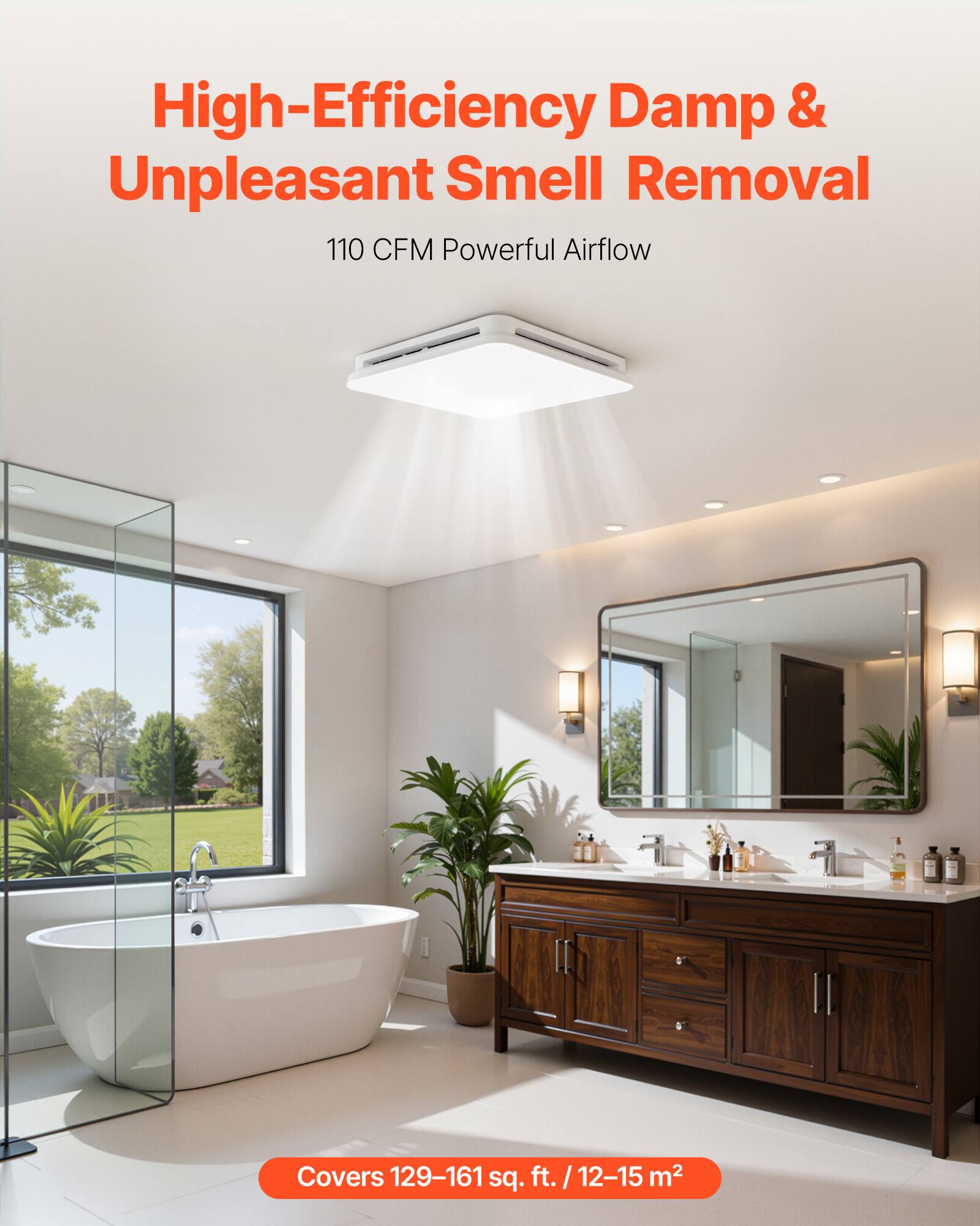 High-Efficiency Damp & Unpleasant Smell Removal  
110 CFM Powerful Airflow  
Covers 129-161 sq. ft. / 12-15 m²