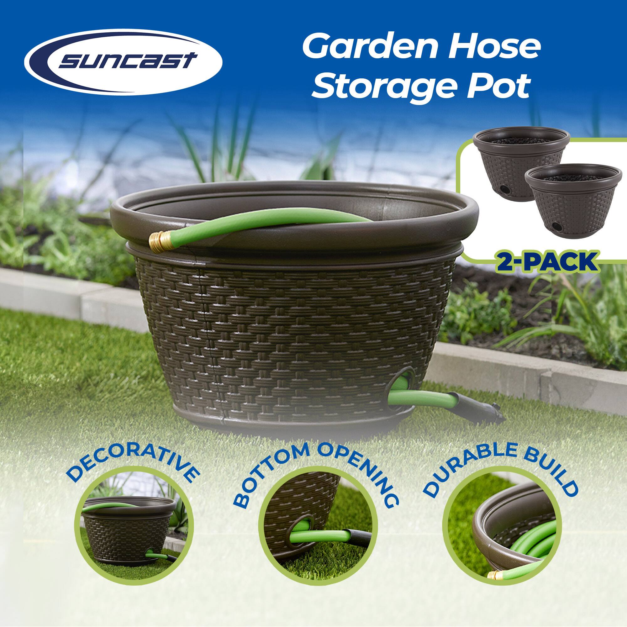 suncast  
Garden Hose Storage Pot  
2-PACK  
DECORATIVE BOTTOM OPENING DURABLE BUILD