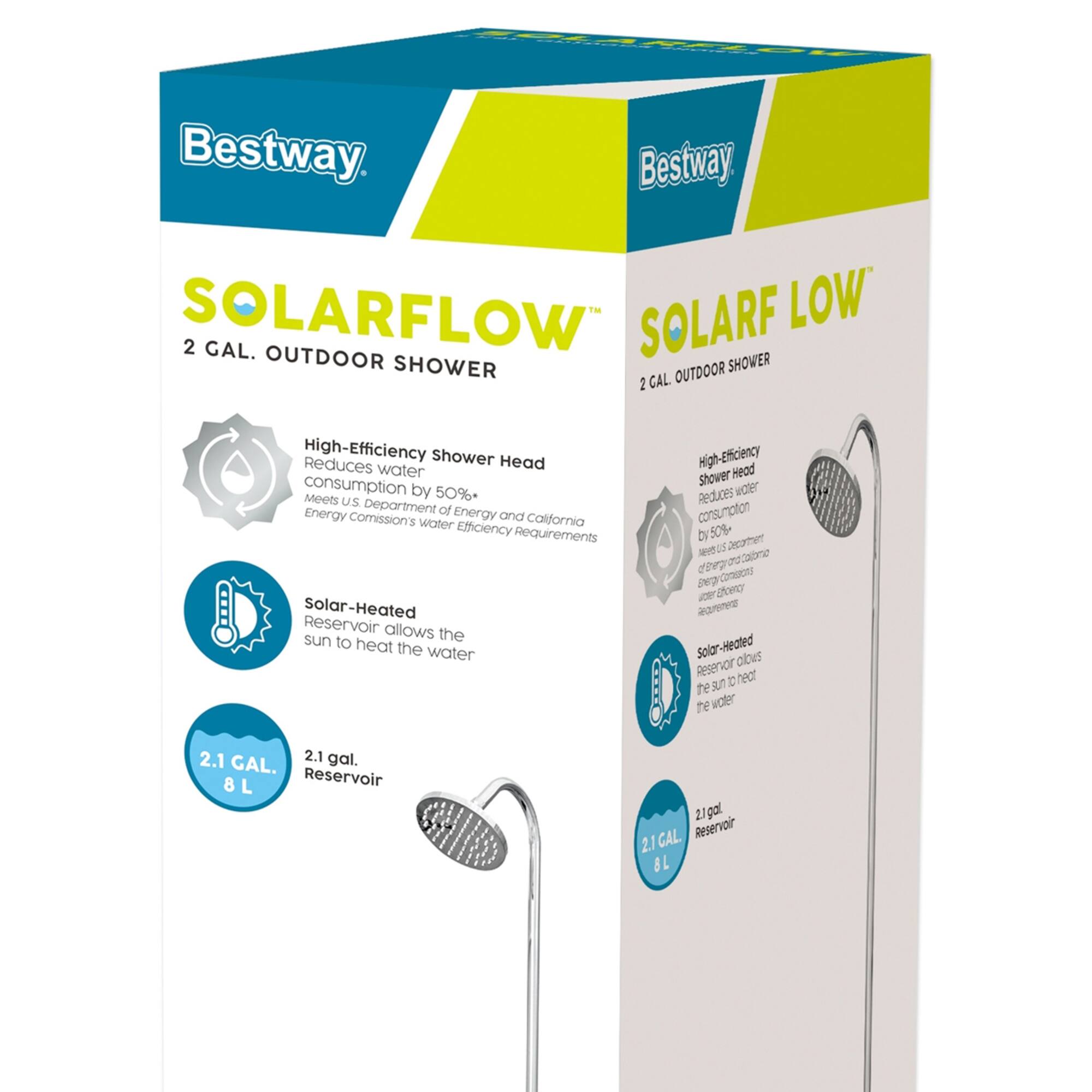 Bestway Solarflow 2 Gal. Outdoor Shower. High-Efficiency shower Head Reduces water consumption by 50%* Meets US Energy Department of Energy Commission's and California water Efficiency Requirements. Solar-Heated Reservoir allows sun to heat the water. High-Efficiency Head Shower Reduces water consumption by 50%.