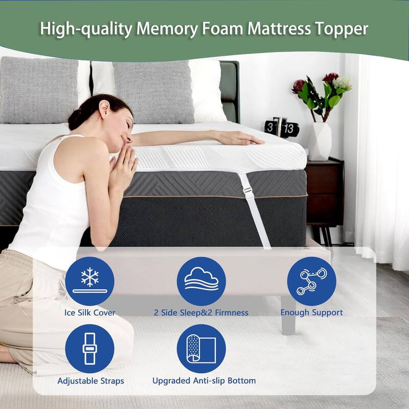 High-quality Memory Foam Mattress Topper

- Ice Silk Cover
- 2 Side Sleep & 2 Firmness
- Enough Support
- Adjustable Straps
- Upgraded Anti-slip Bottom