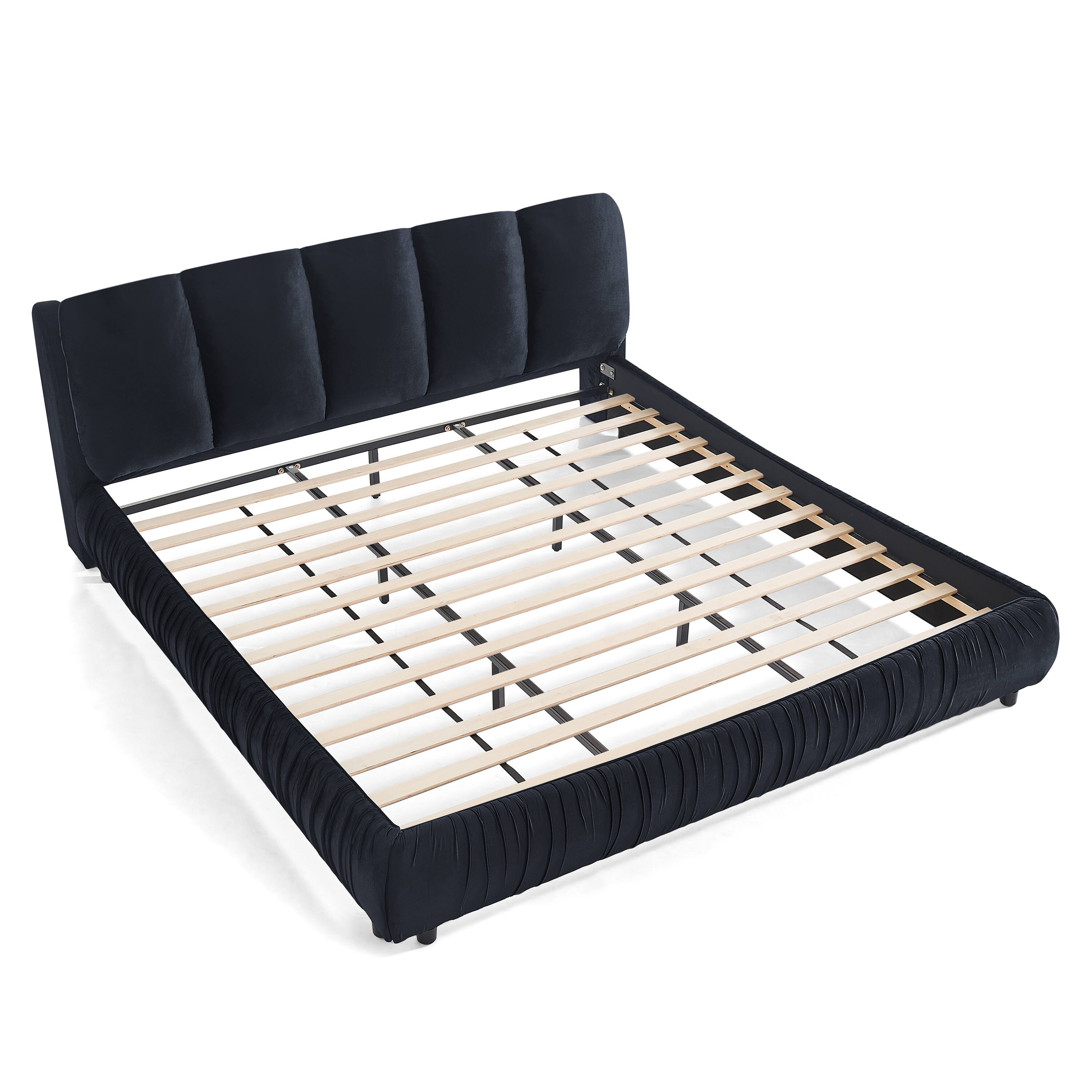 Left. Whisen - Upholstered Platform Bed with Segmented Padded Headboard and Velvet Frame,Sturdy Support - Black.
