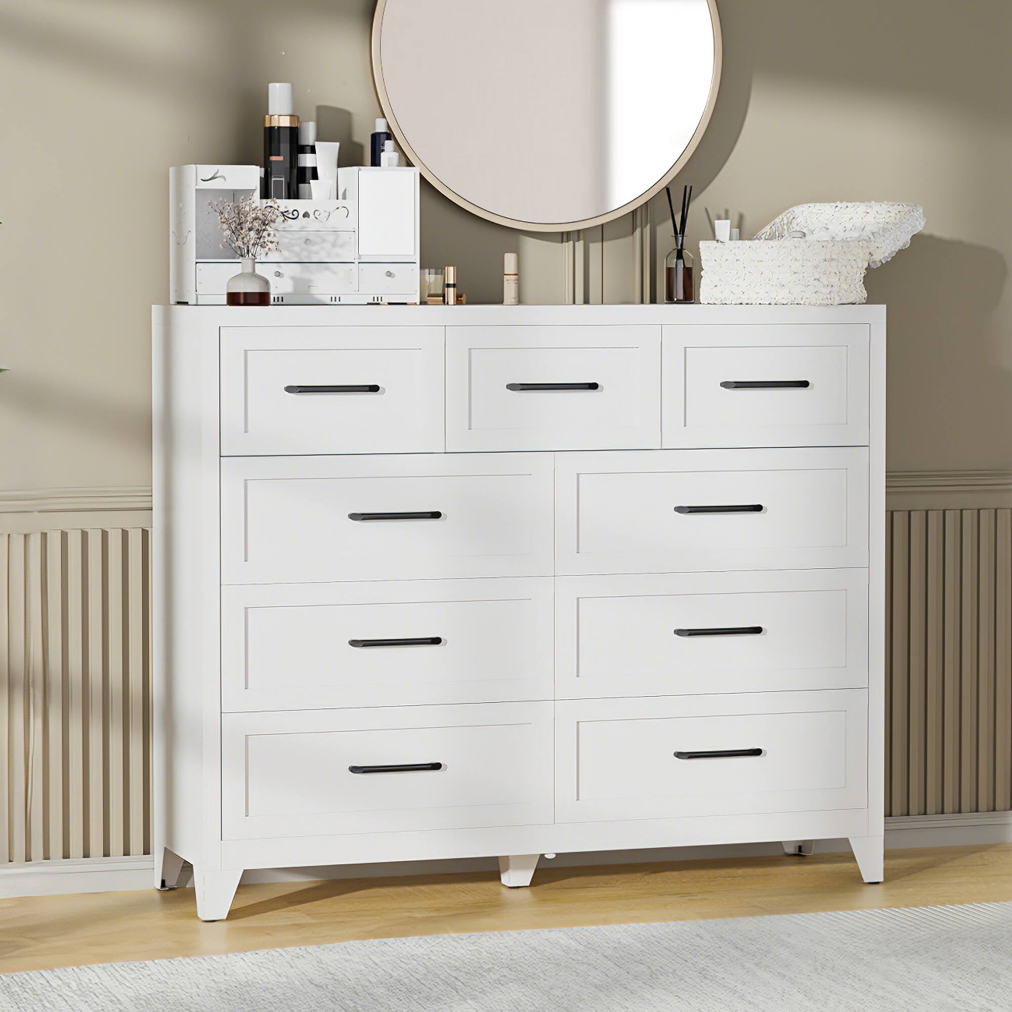 Angle. Anysun - 9-Drawer Tall Dresser – White Metal Storage Cabinet with Smooth Gliding Drawers, Strong 5-Foot Design & Modern Handles - White.