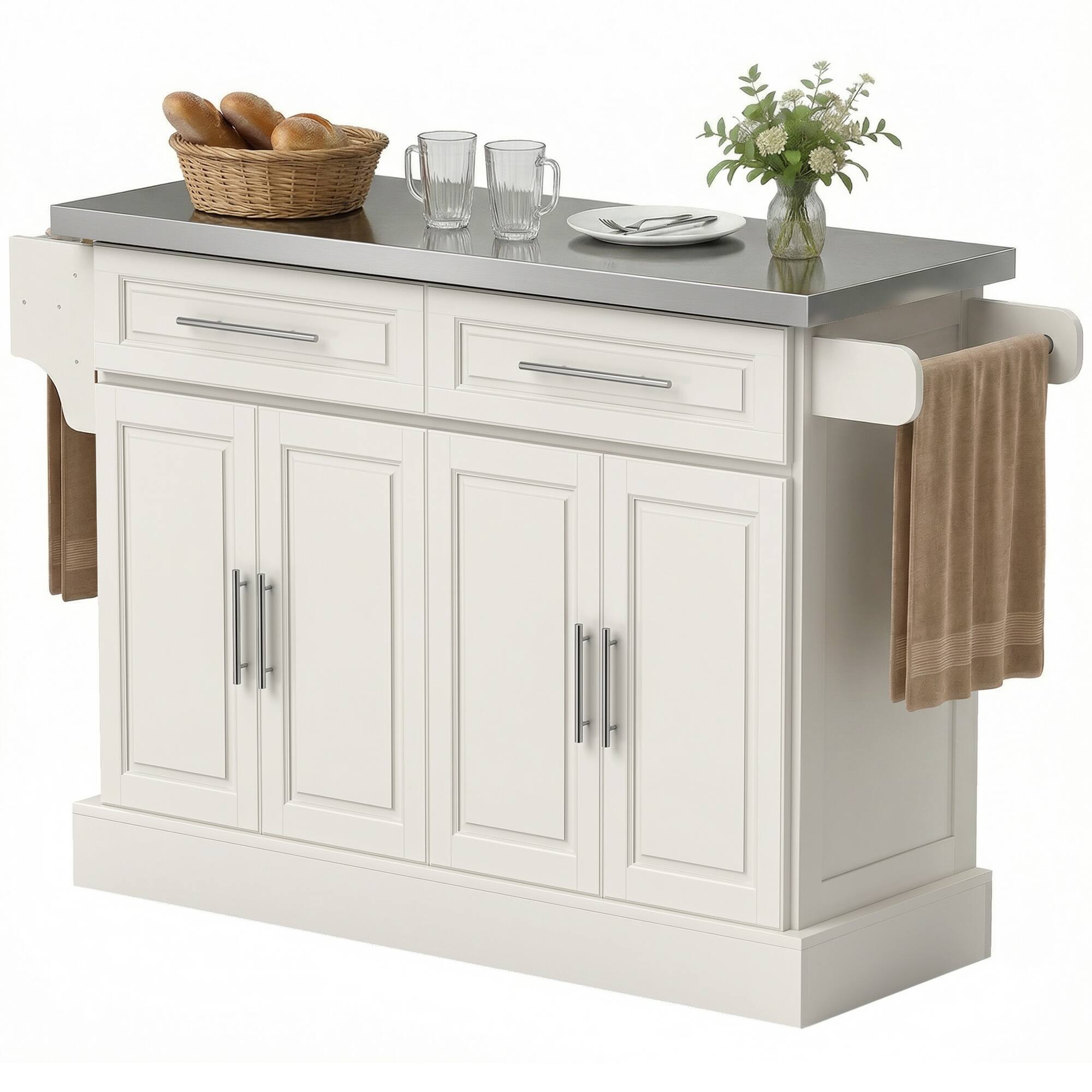 Homcom - Kitchen Island with Stainless Steel Top, 2 Drawers, Spice, Knife and Towel Rack and Cabinets - Cream White