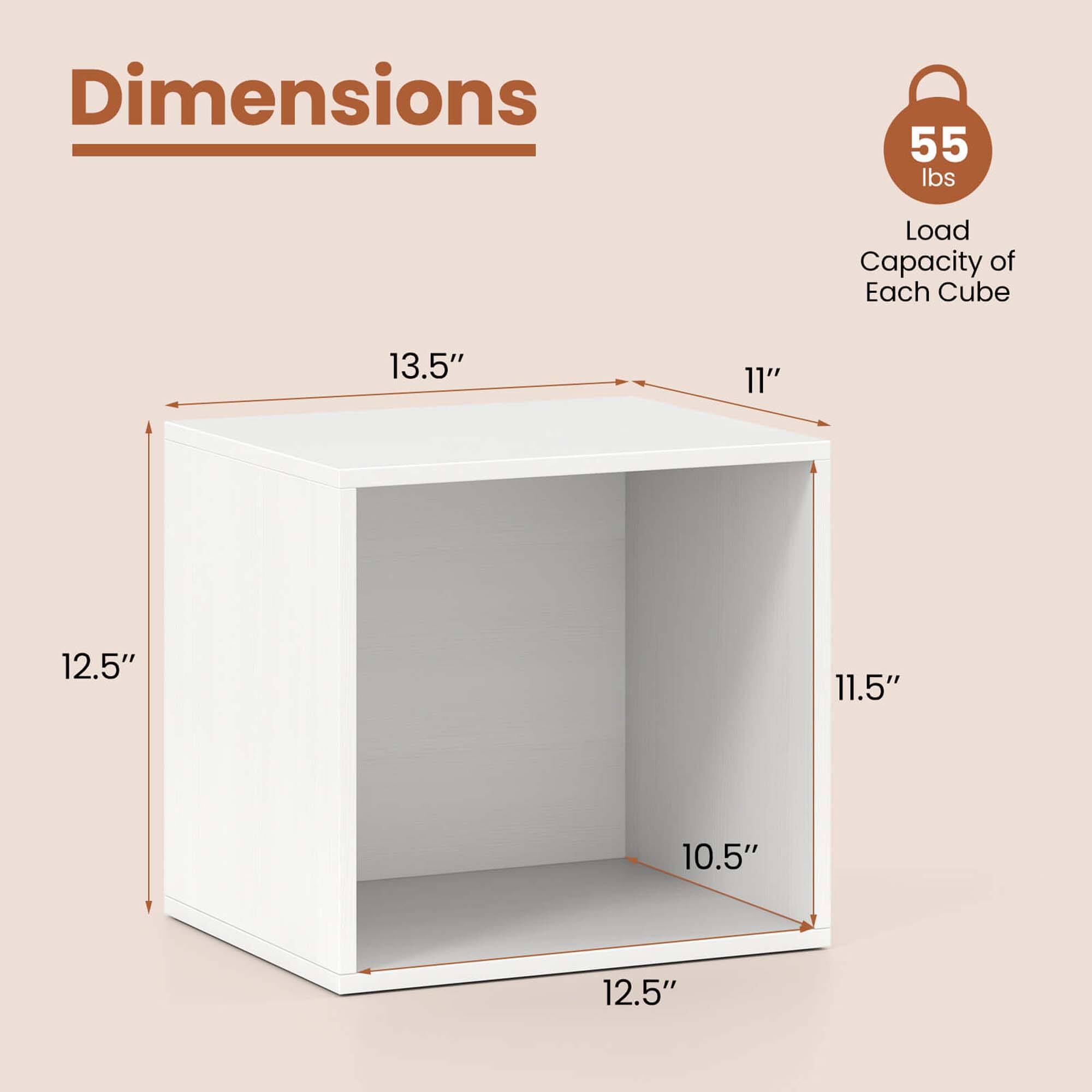 Dimensions: 55 lbs Load Capacity of Each Cube: 13.5" x 11" x 12.5" x 11.5" x 10.5" x 12.5".