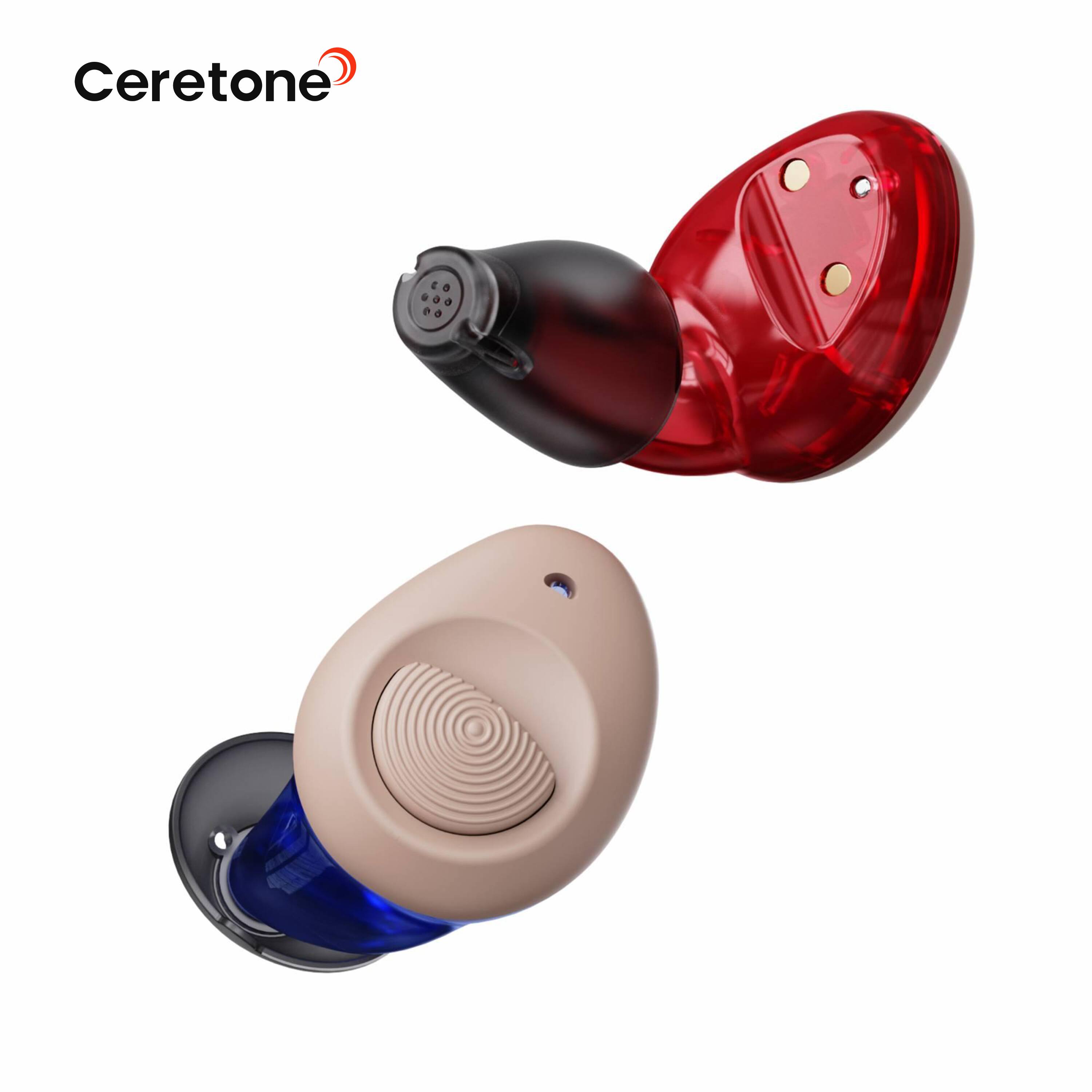Left. Ceretone - Torch OTC Hearing Aids - Rechargeable, Wind Noise Reduction, 5 Preset Programs, Light Weight Design - The left is blue.The right is red..