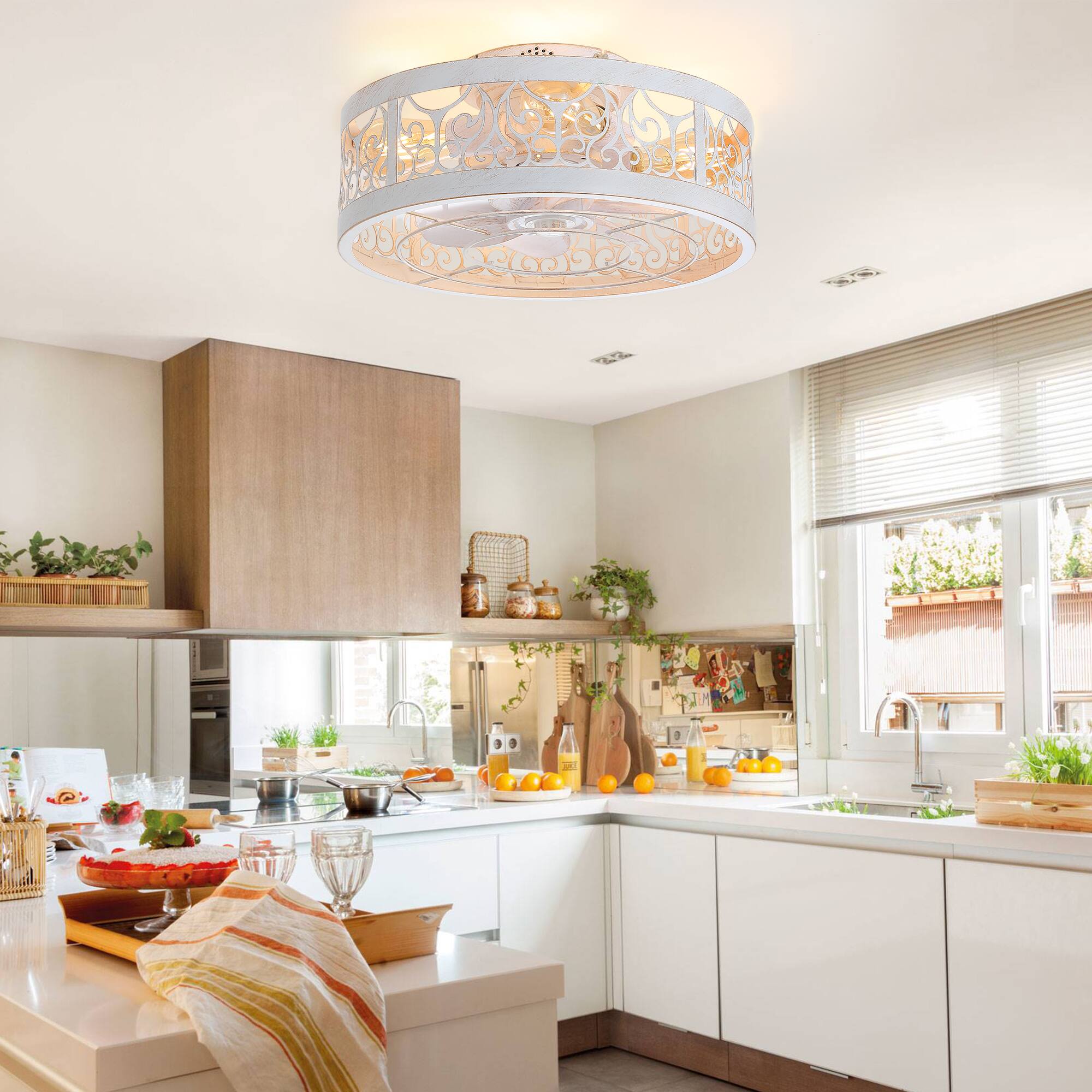 Alt View 1. Breezary - Breezary 16.5" Modern Flush Mount Caged Ceiling Fan with 7 ABS Blades, DC Motor, 6-Speed Remote Control with Timer - Distressed White and Gold.