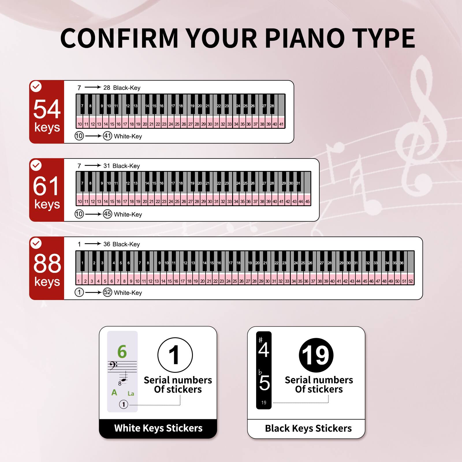 CONFIRM YOUR PIANO TYPE

54 keys
- 7 → 28 Black-Key
- 10 → 41 White-Key

61 keys
- 7 → 31 Black-Key
- 10 → 45 White-Key

88 keys
- 1 → 36 Black-Key
- 1 → 52 White-Key

Serial numbers Of stickers
- White Keys Stickers: 1
- Black Keys Stickers: 4, 5, 19