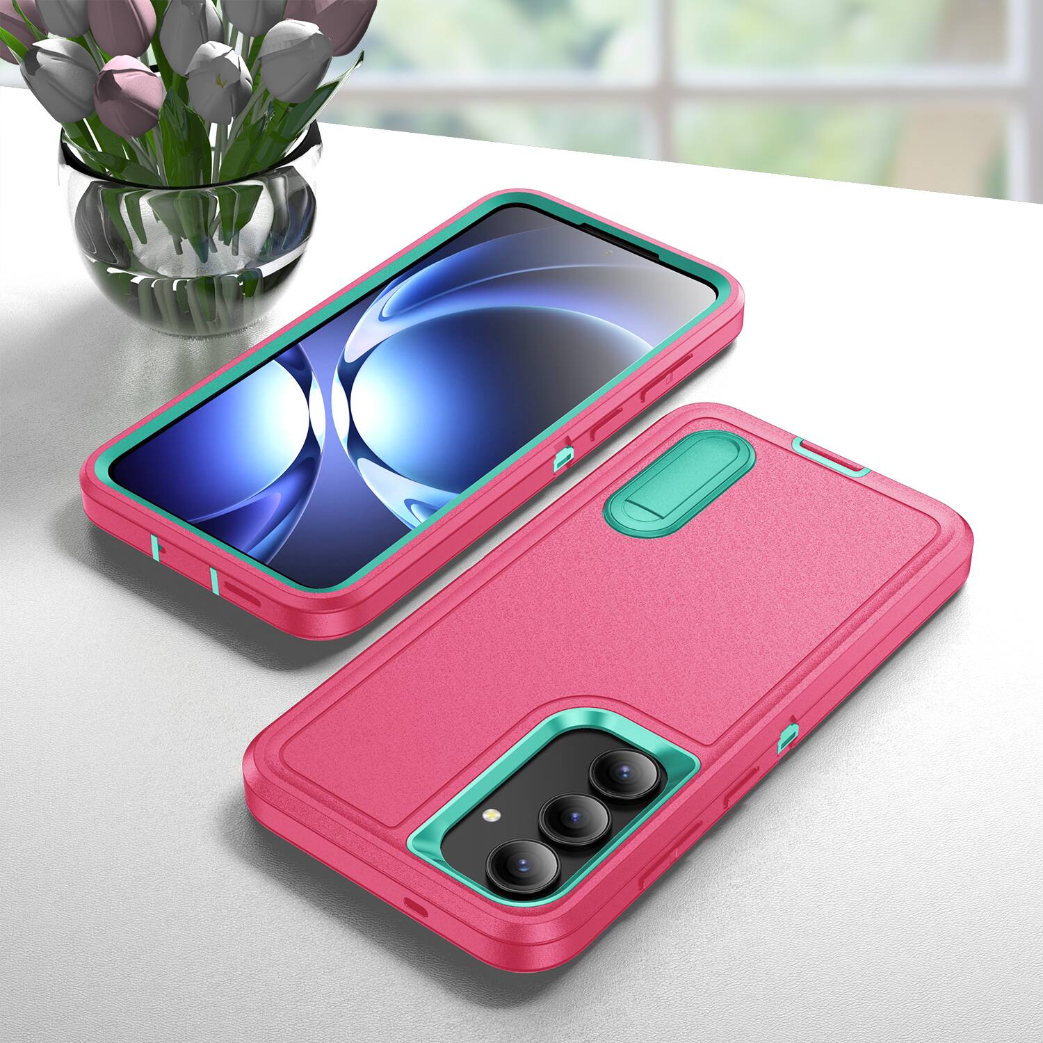 Alt View 3. Dteck - Heavy Duty Case for Samsung Galaxy S25 FE with Foldable Kickstand,Dual-Layer Shockproof Hard PC Soft Silicone Cover - Rose+Mint.
