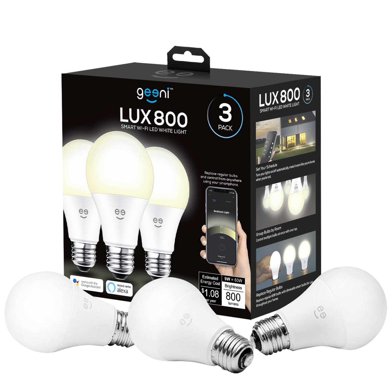 Front. Geeni - LUX 800 A19 Add-On Smart LED Light Bulb (3-Pack) - White.