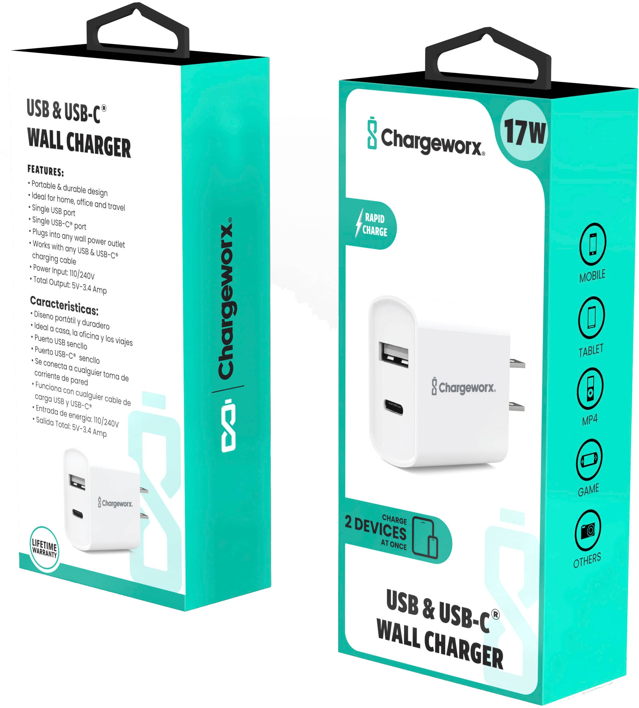 USB & USB-C Wall Charger Features: Portable & durable ideal for home, office, and travel. Single USB and USB-C port. Plugs into any wall outlet. Works with any USB and USB-C charging cable. Power Input: Total 10/240V Output: SV-3.4 Amp. Chargeworx Lifetime Warranty. Chargeworx 17W Rapid Charge Mobile Tablet. Charge 2 devices at once. Other USB Wall Charger & USB-C.