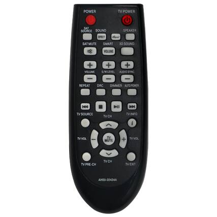 POWER TV POWER SAT SOURCE SOUND SPEAKER EFFECT SAT MUTE SMART 3D SOUND VOLUME + VOLUME + S/W LEVEL AUDIO SYNC - REPEAT DRC DIMMER AUTO POWER H4 TV SOURCE TV CH TV INFO i TV VOL TV MUTE + TV VOL TV PRE-CH TV CH TV EXIT AH59-02434A