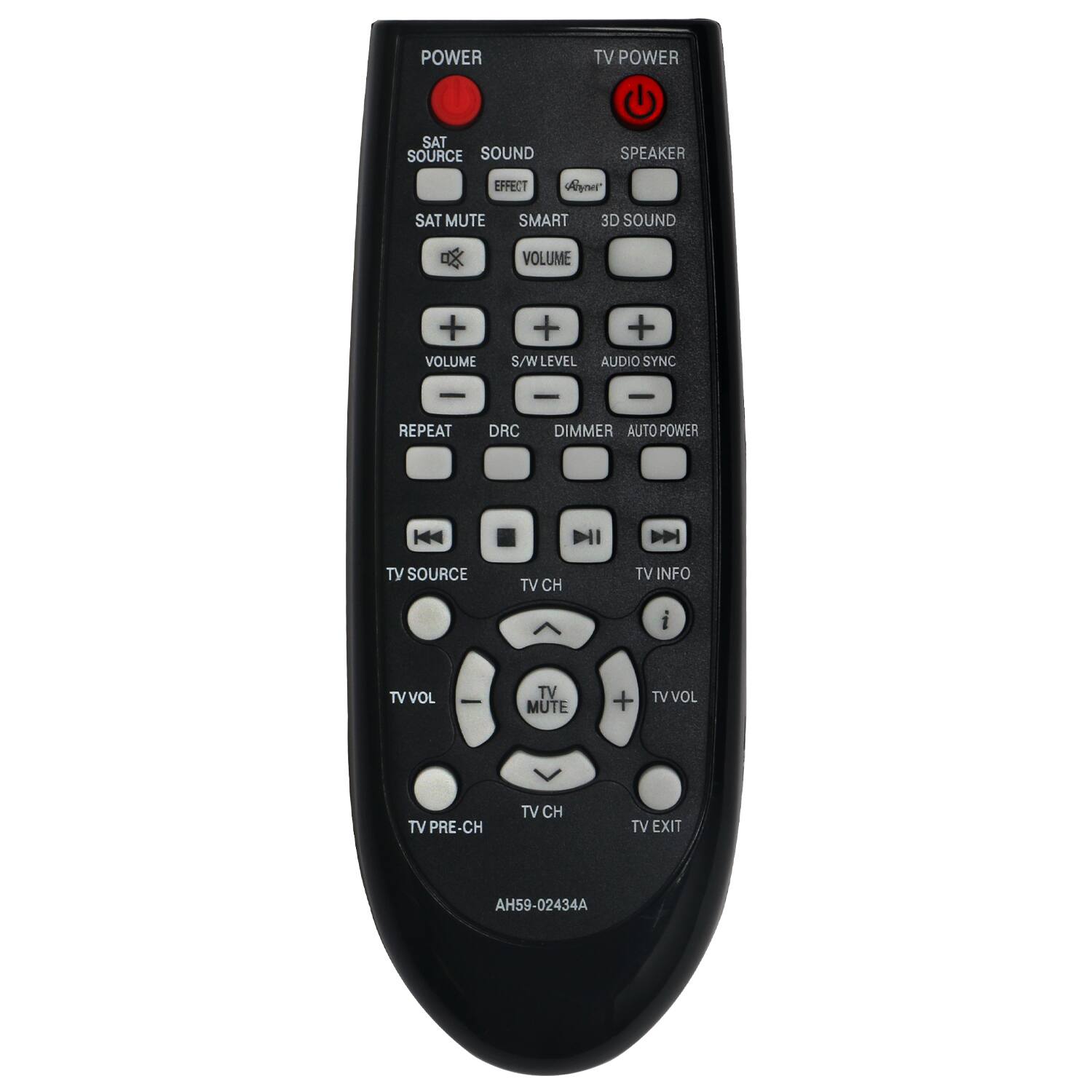POWER TV POWER SAT SOURCE SOUND SPEAKER EFFECT SAT MUTE SMART 3D SOUND VOLUME + VOLUME + S/W LEVEL AUDIO SYNC - REPEAT DRC DIMMER AUTO POWER H4  TV SOURCE TV CH TV INFO i TV VOL TV MUTE + TV VOL TV PRE-CH TV CH TV EXIT AH59-02434A