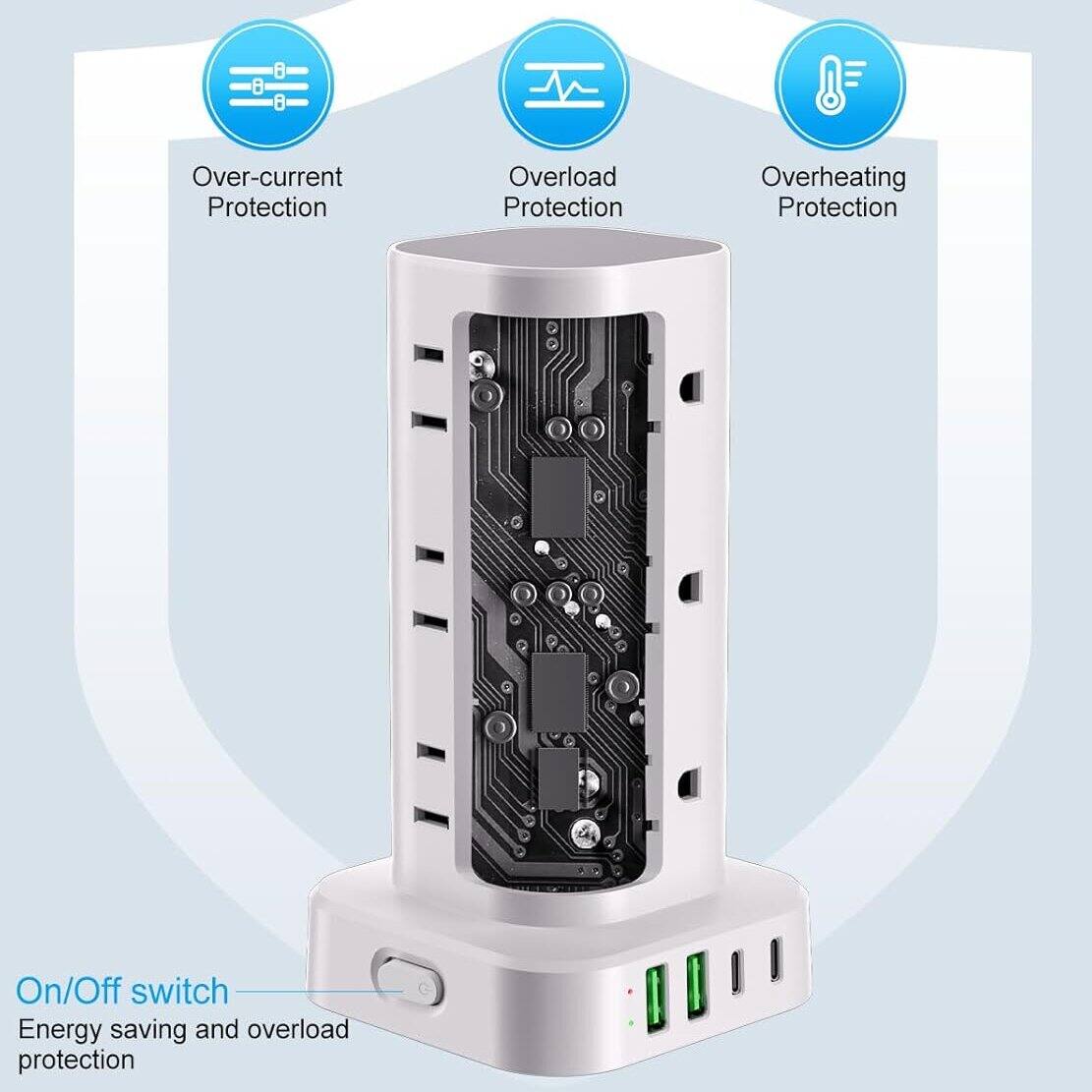 - Over-current Protection
- Overload Protection
- Overheating Protection
- On/Off switch
- Energy saving and overload protection