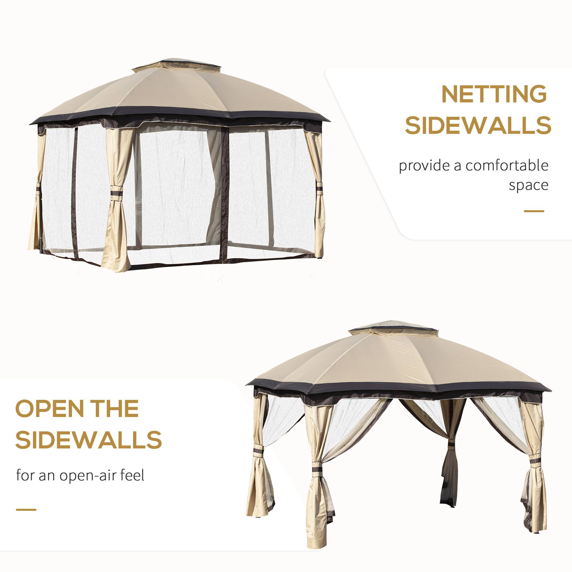 NETTING SIDEWALLS provide a comfortable space - OPEN THE SIDEWALLS for an open-air feel -