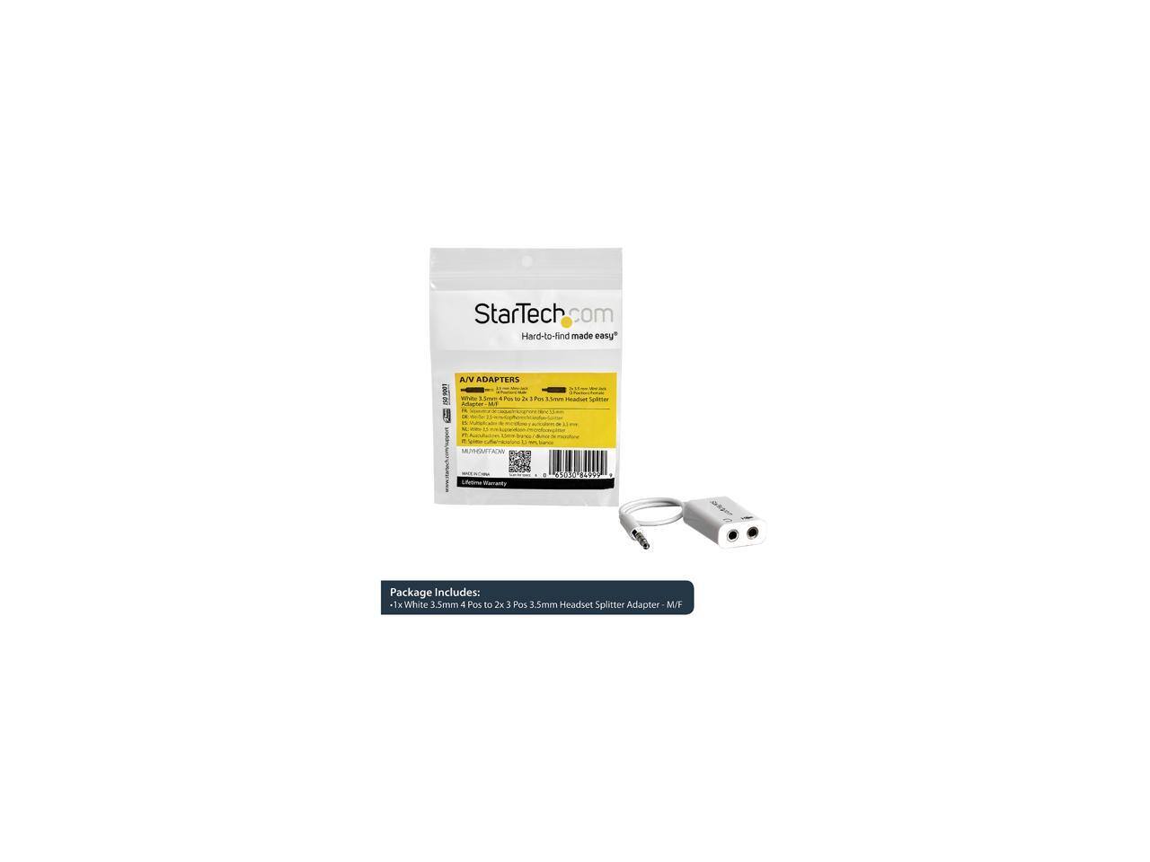 StarTech.com  
Hard-to-find made easy*  

AV ADAPTERS  

Package Includes:  
1x White 3.5mm 4 Pos to 2x 3 Pos 1.5mm Headset Splitter Adapter M/F