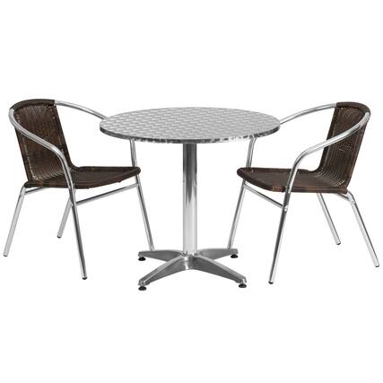 Front. Emma + Oliver - 31.5" Round Aluminum Garden Patio Table Set with 2 Rattan Chairs - Dark Brown.