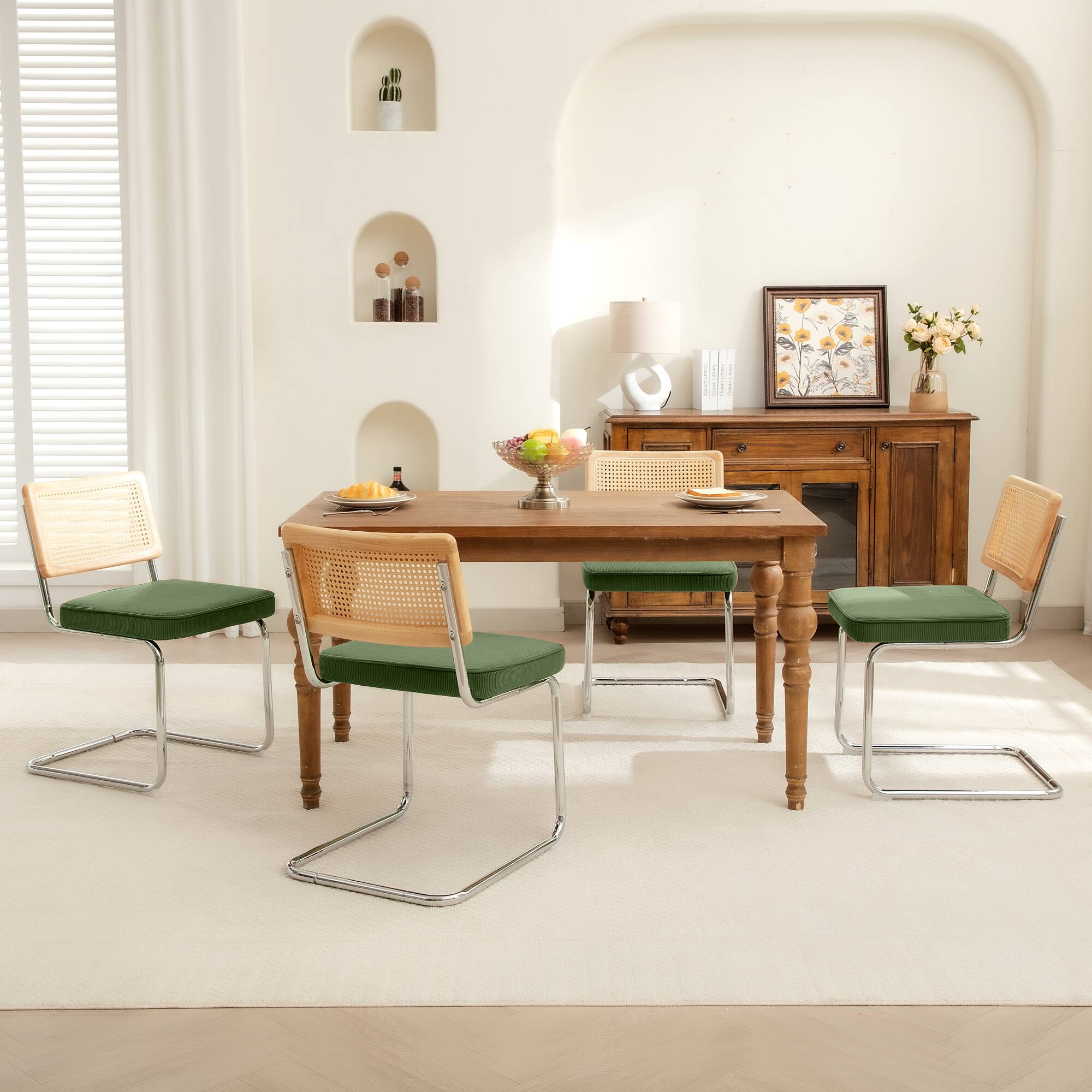 Alt View 6. KERDOM - Rattan Dining Chairs 2 Pcs Set, Corduroy Kitchen Side Chair, Minimalist Cantilever Seat, Farmhouse Wicker Accent Chair - Green.