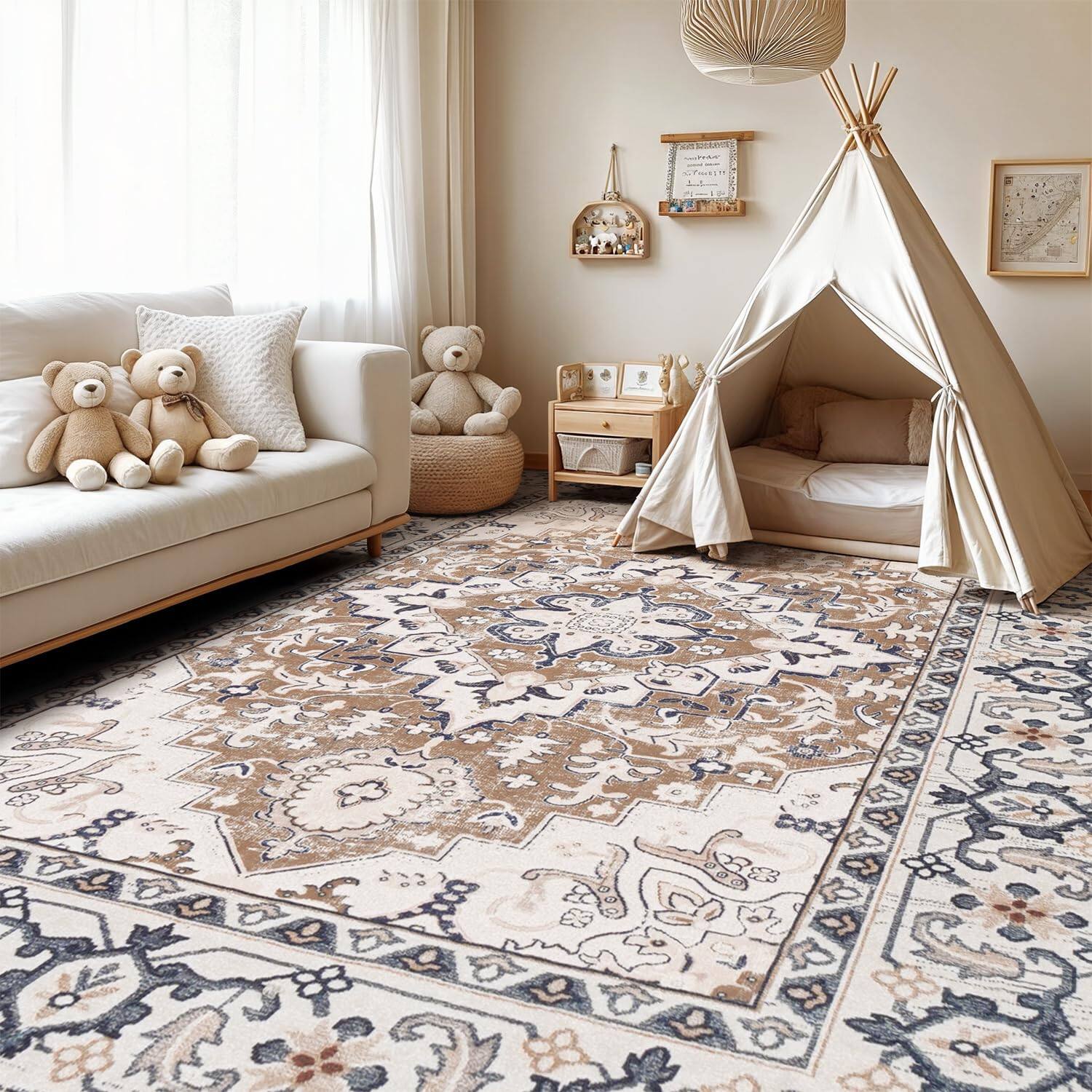 Back. Stylel Star - 5x7 Area Rugs Living Room Washable Rug Bedroom Kitchen Vintage Boho Carpet Soft Non Slip Low Pile Large Office Dining - Floral Brown.