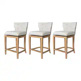 Maven Lane - Hugo Counter Stool, Weathered Oak w/ Sand Fabric Upholstery, Set of 3 - Weathered Oak 3