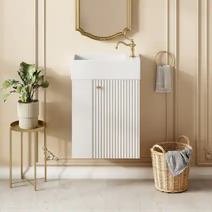 Front. ELEMENT ACE - Compact Floating Bathroom Vanity with Integrated Storage and Resin Basin - Ideal for Small Spaces - White.