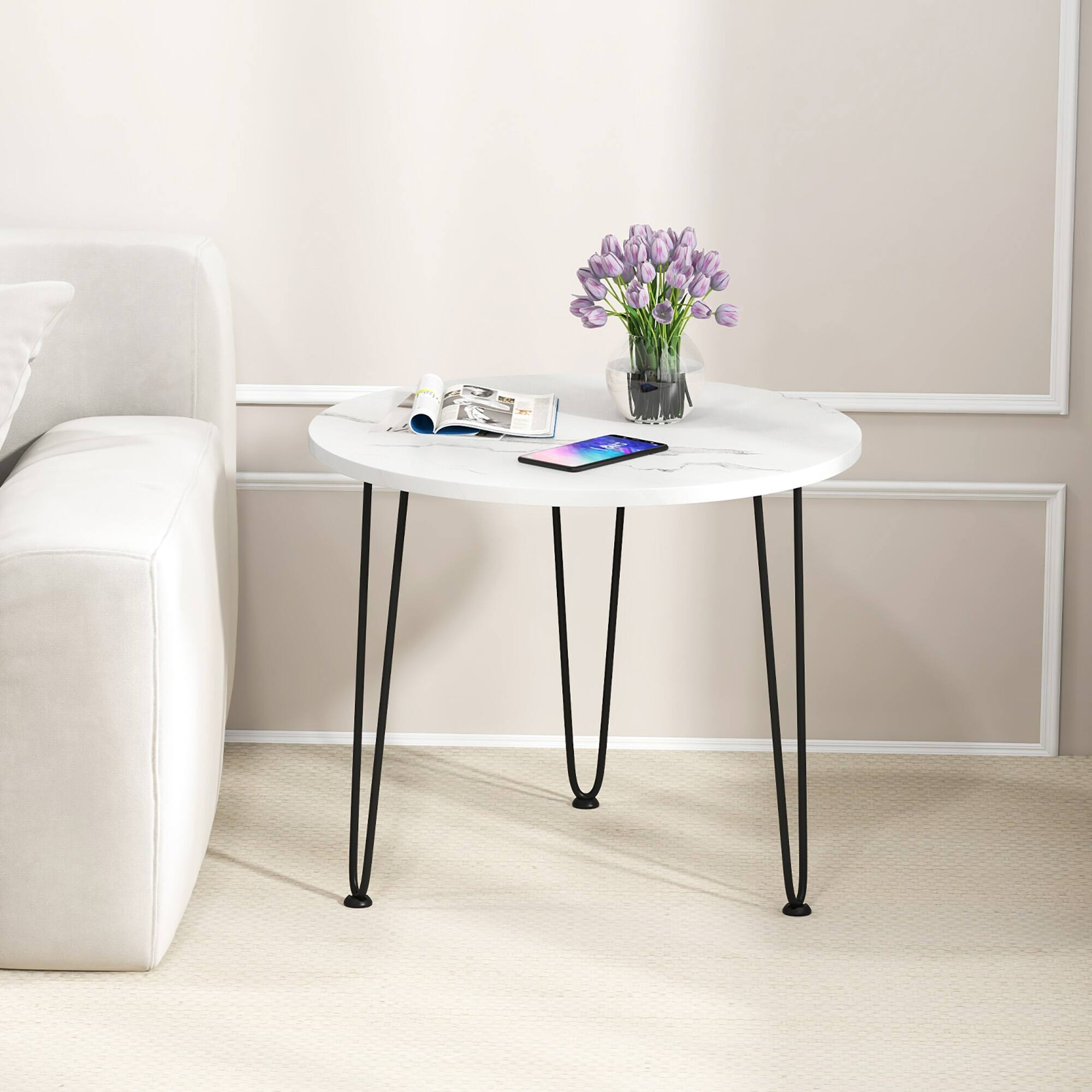 Alt View 3. Gymax - Gymax Small Round Coffee Table w/ Thickened Tabletop & Metal Tripod Legs Faux Marble White - White.