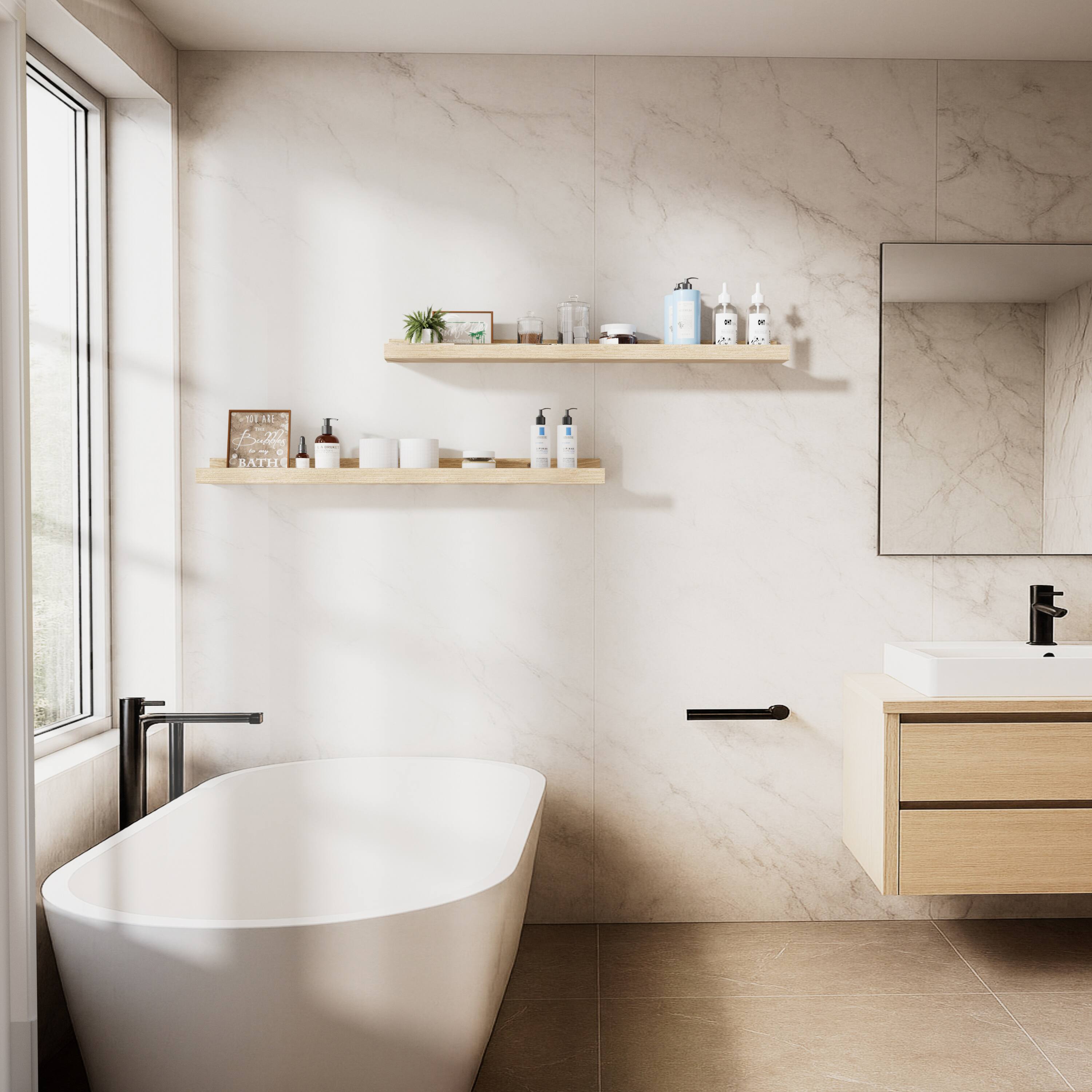 Alt View 2. BOMEDA - 2 Pack 36 in Floating Picture Ledge Wall Shelves, Rustic Wooden Shelf for Books, Frames & Decor Display Floating Shelves - Oak.